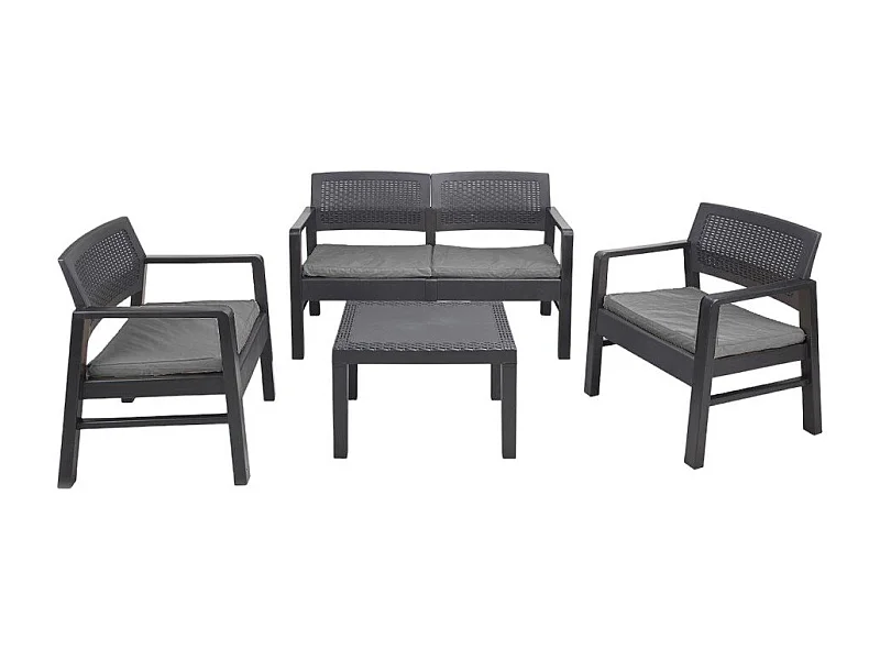 Set salon d'extérieur Carpi, Salon de jardin composé de 2 fauteuils, 1 canapé et 1 table basse, Coin salon effet rotin avec coussins, 100% Made in Italy, Anthracite