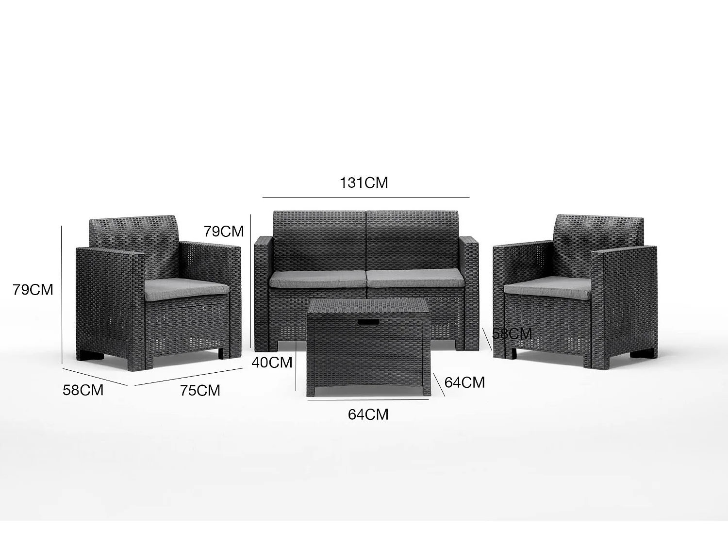 Conjunto de salón exterior Venere, Conjunto de jardín con cojines, Conjunto de salón interior efecto ratán, 100% Made in Italy, Antracita