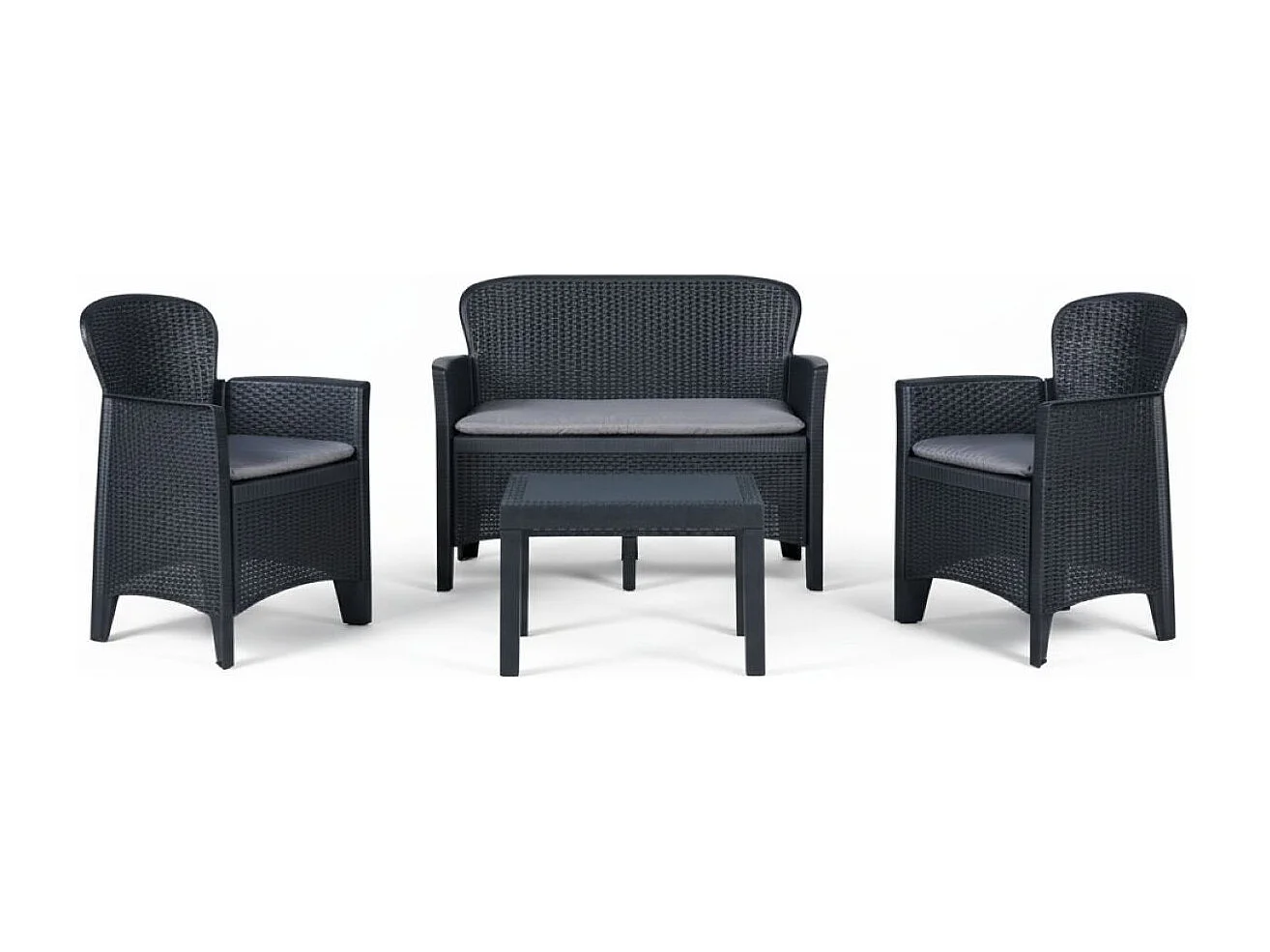 Salón de Jardín Debois, Conjunto de jardín con 2 sillones, 1 sofá y 1 mesa de centro, Zona de estar efecto ratán con cojines, 100% Made in Italy, Antracita