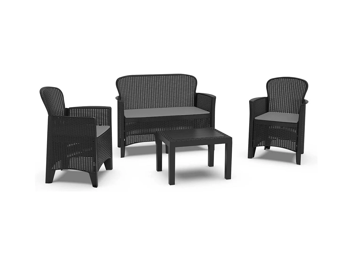 Salón de Jardín Debois, Conjunto de jardín con 2 sillones, 1 sofá y 1 mesa de centro, Zona de estar efecto ratán con cojines, 100% Made in Italy, Antracita