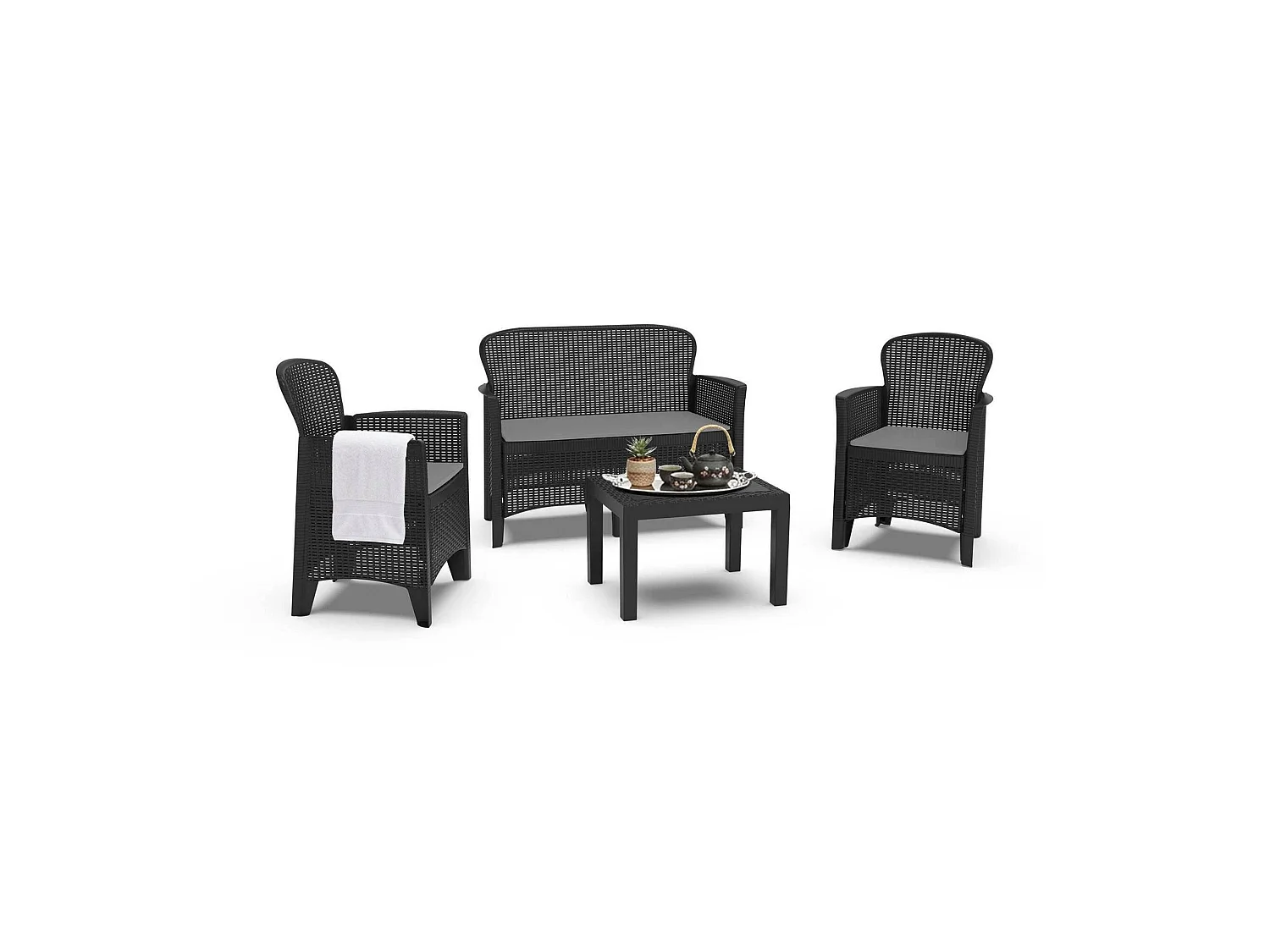 Debois outdoor loungeset, Tuinset met 2 fauteuils, 1 bank en 1 salontafel, Rotan effect lounge met kussens, 100% Made in Italy, Antraciet