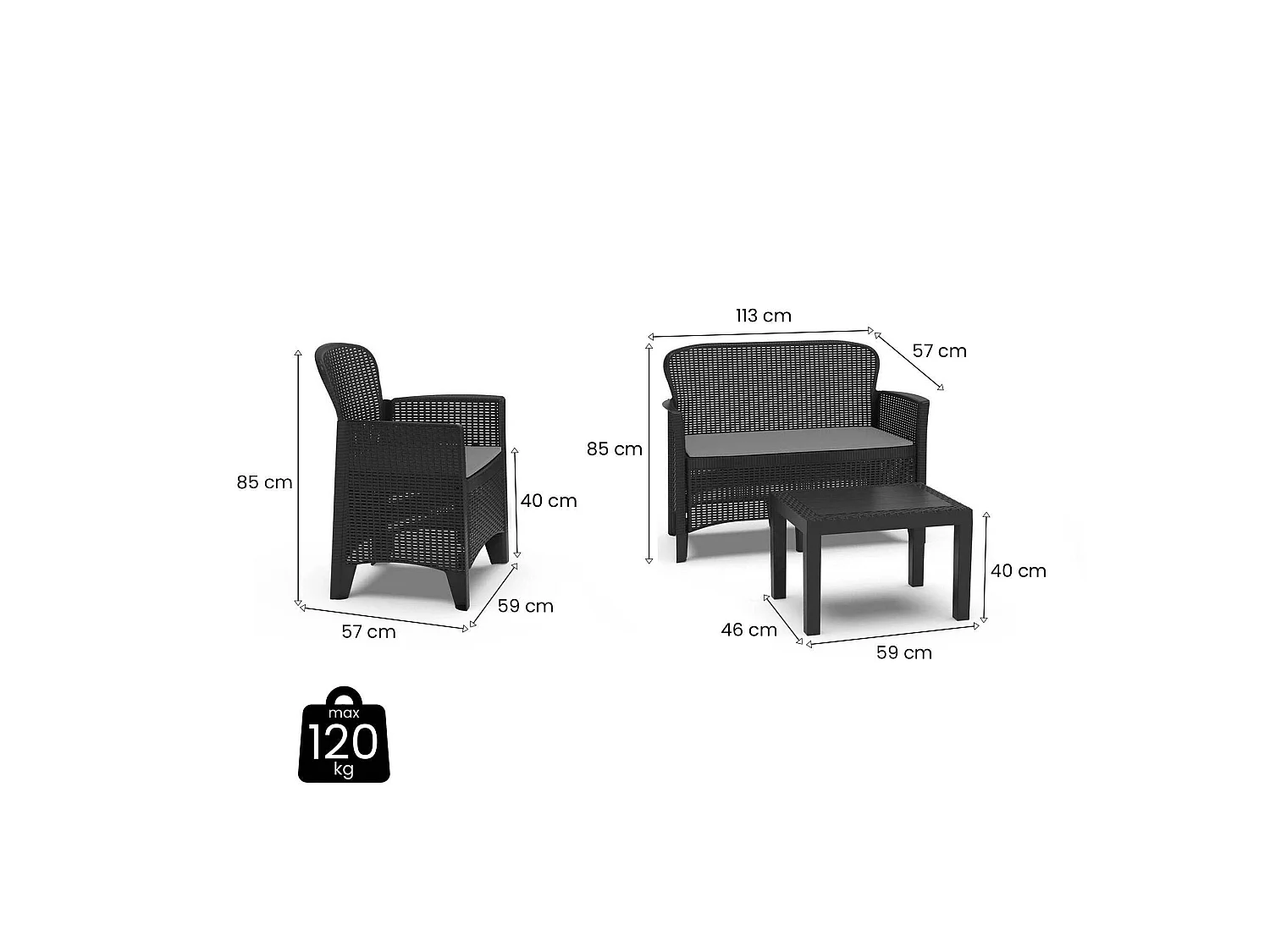 Debois outdoor loungeset, Tuinset met 2 fauteuils, 1 bank en 1 salontafel, Rotan effect lounge met kussens, 100% Made in Italy, Antraciet