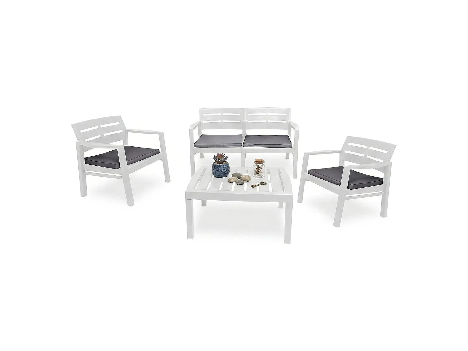Set salon dextérieur Dgyas, Salon de jardin avec 2 fauteuils, 1 canapé et 1 table basse, Salon intérieur et extérieur avec coussins, 100% Made in Italy, Blanc