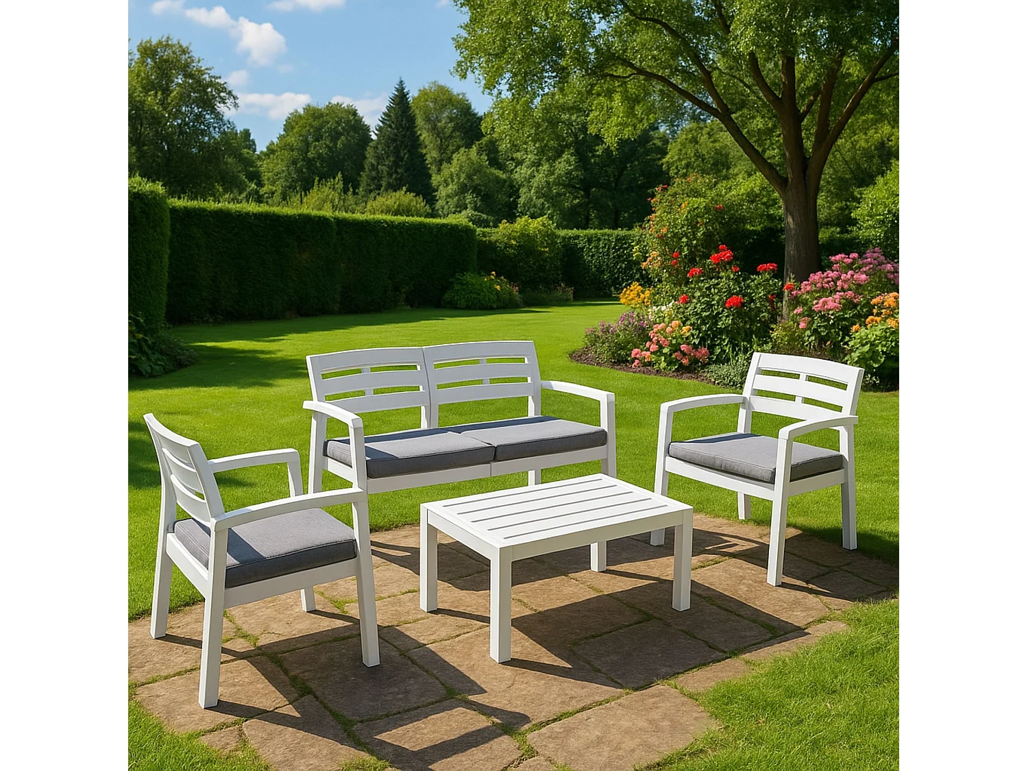 Set salon dextérieur Dgyas, Salon de jardin avec 2 fauteuils, 1 canapé et 1 table basse, Salon intérieur et extérieur avec coussins, 100% Made in Italy, Blanc