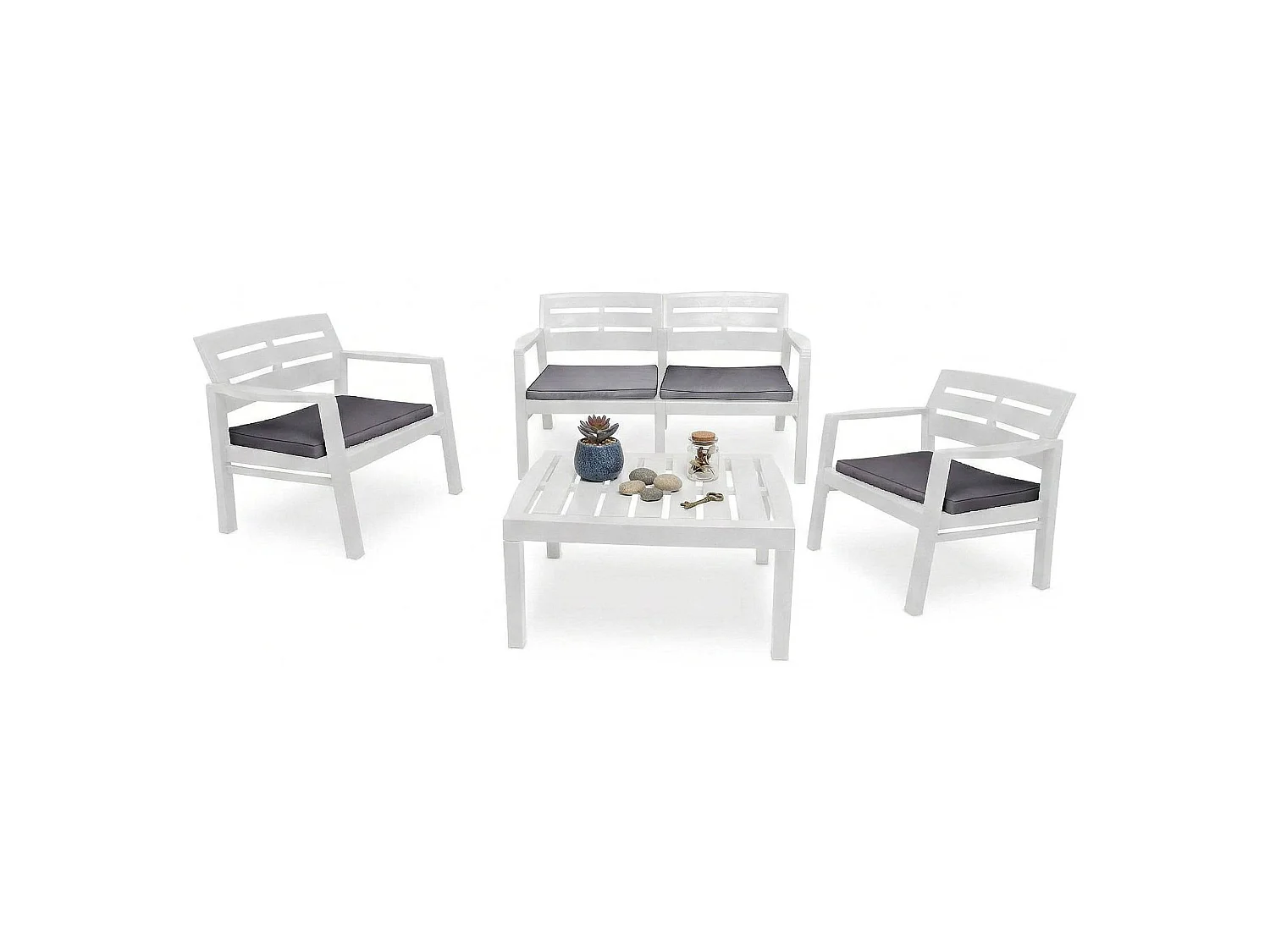 Set salon dextérieur Dgyas, Salon de jardin avec 2 fauteuils, 1 canapé et 1 table basse, Salon intérieur et extérieur avec coussins, 100% Made in Italy, Blanc
