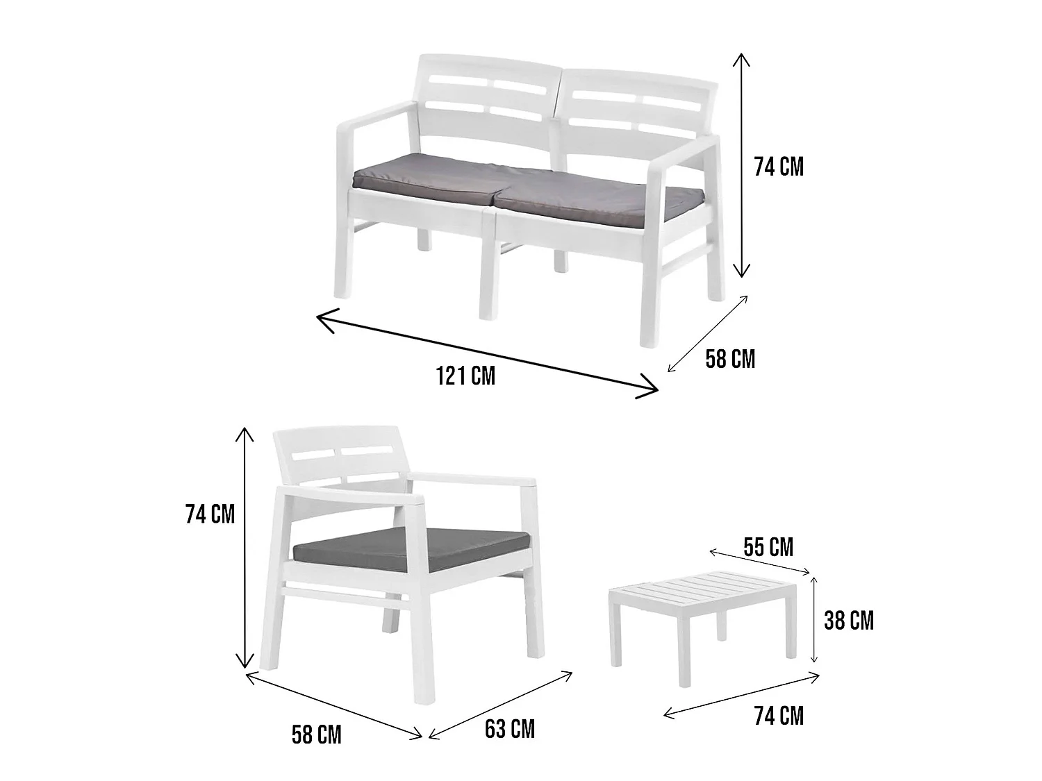 Set salon dextérieur Dgyas, Salon de jardin avec 2 fauteuils, 1 canapé et 1 table basse, Salon intérieur et extérieur avec coussins, 100% Made in Italy, Blanc