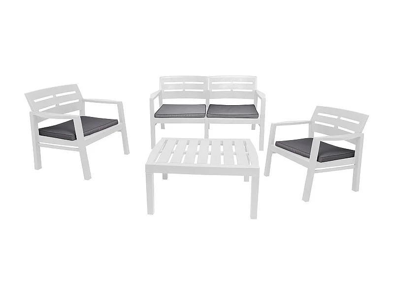 Set salon dextérieur Dgyas, Salon de jardin avec 2 fauteuils, 1 canapé et 1 table basse, Salon intérieur et extérieur avec coussins, 100% Made in Italy, Blanc