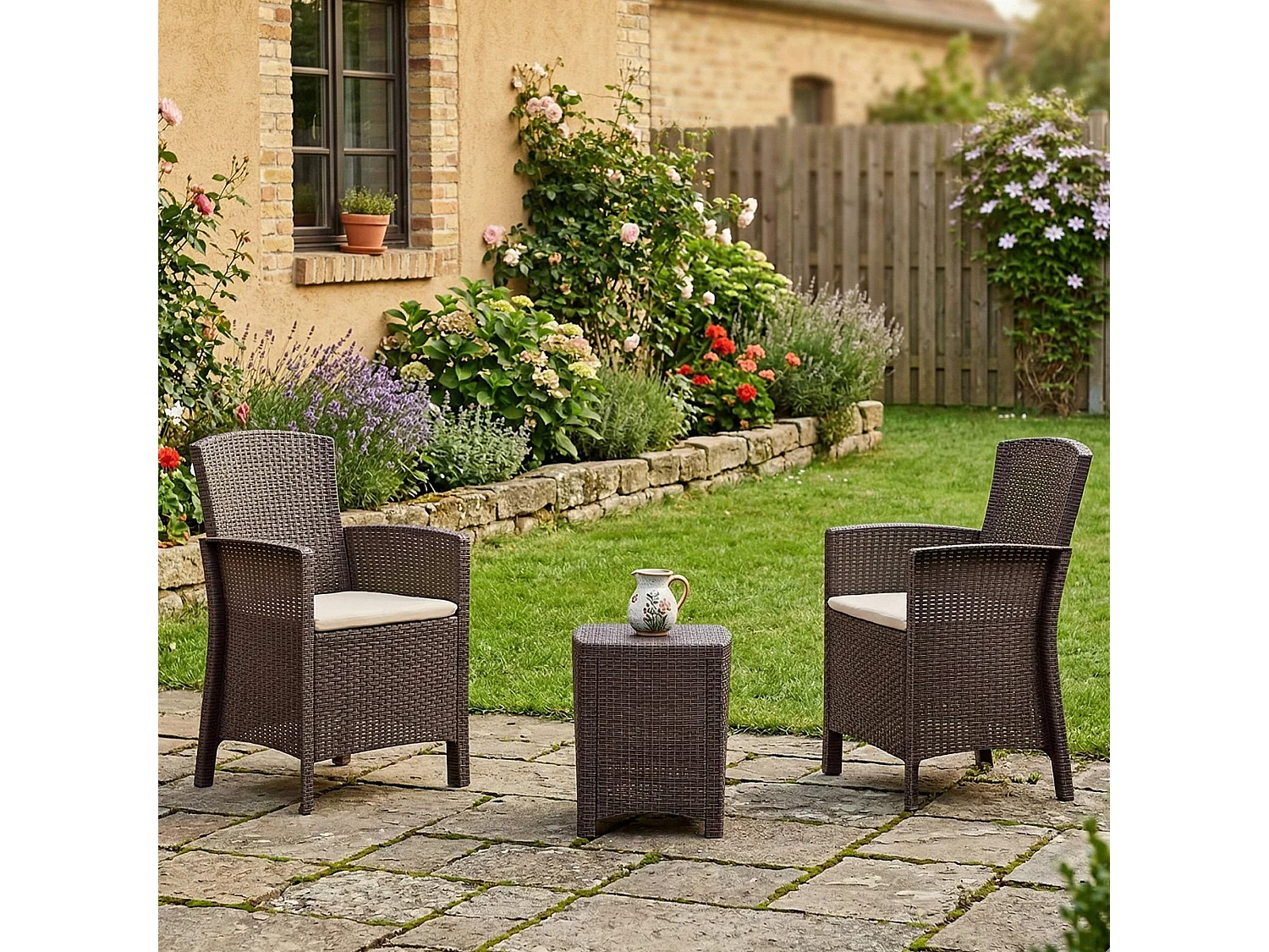 Ensemble de salon d'extérieur Jupiter, Ensemble de jardin avec coussins, Ensemble de salon d'intérieur effet rotin, 100% Made in Italy, Marron