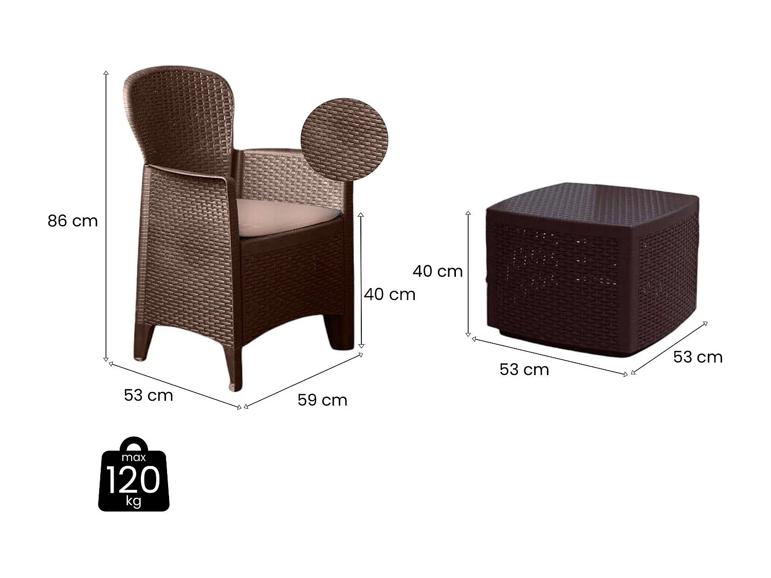 Dakain buitenloungeset, Tuinset met 2 fauteuils en 1 opbergtafel, Lounge met rotaneffect, 100% Made in Italy, Bruin