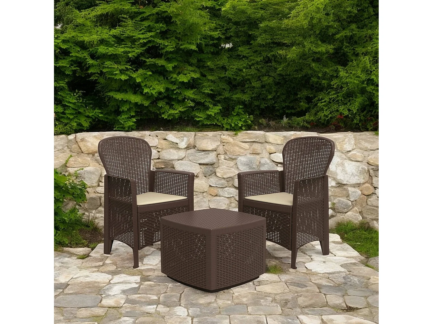 Dakain buitenloungeset, Tuinset met 2 fauteuils en 1 opbergtafel, Lounge met rotaneffect, 100% Made in Italy, Bruin