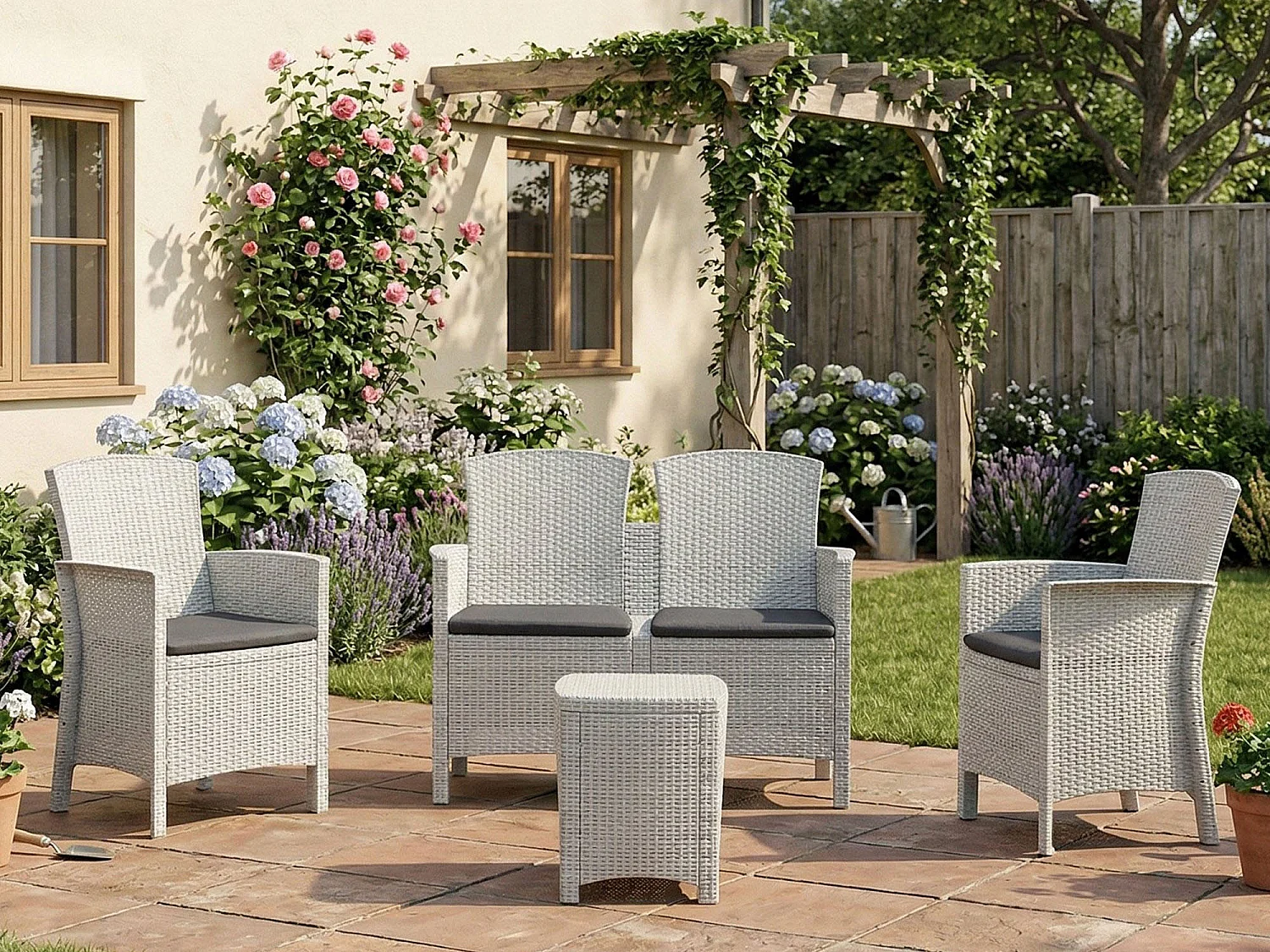 Ensemble de salon d'extérieur Nettuno, Ensemble de jardin avec coussins, Ensemble de salon d'intérieur effet rotin, 100% Made in Italy, Blanc