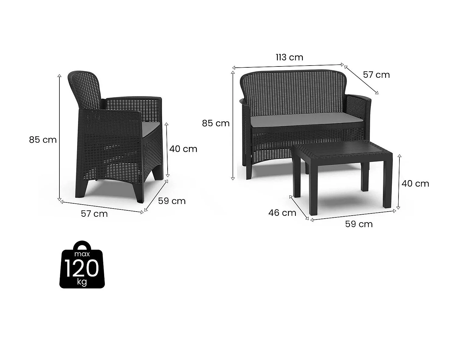 Set salotto da esterno Ostuni, Set da giardino con 2 poltrone, 1 divano ed 1 tavolino, Salottino effetto rattan con cuscini, 100% Made in Italy, Antracite