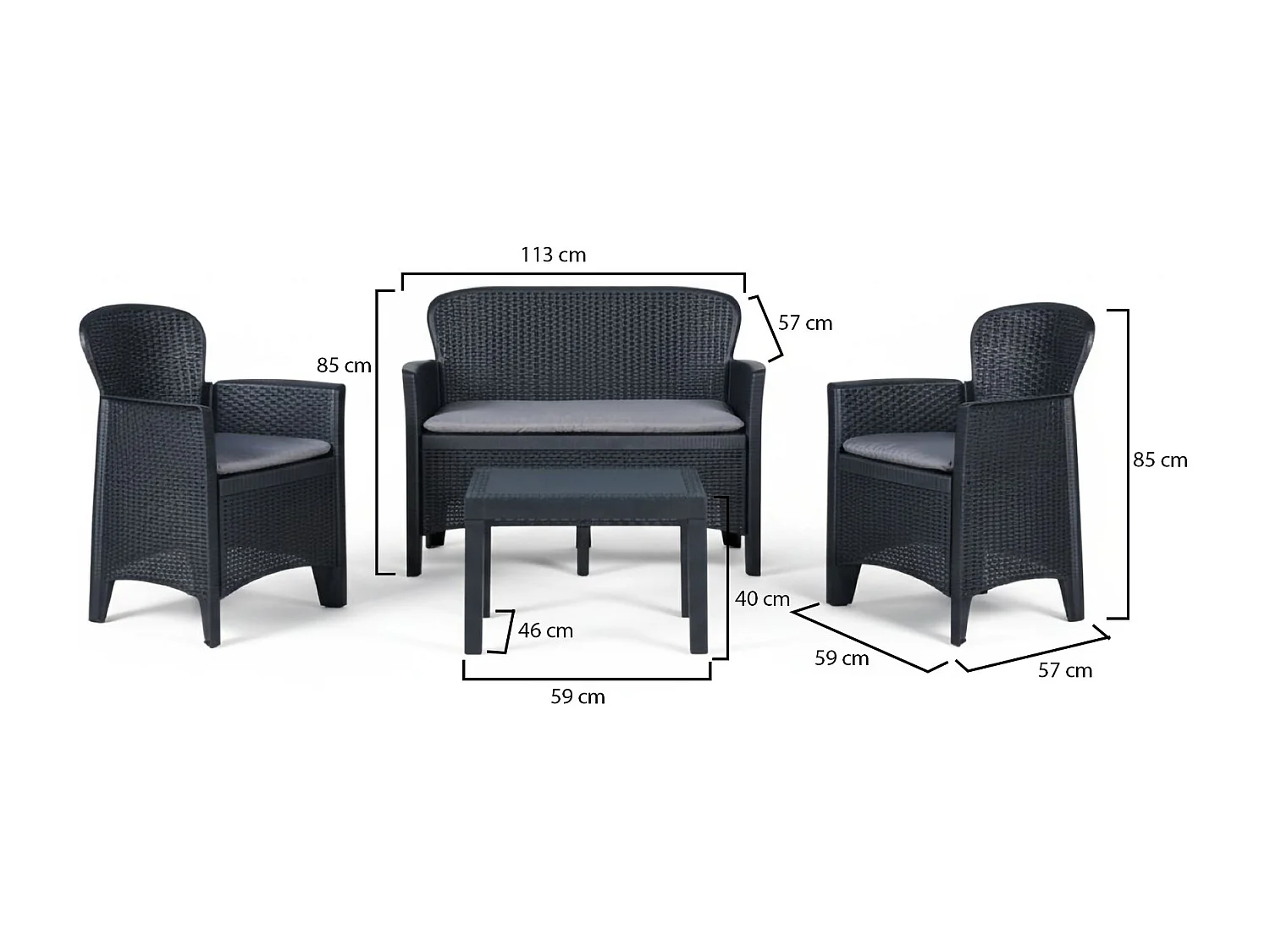 Ostuni buiten loungeset, Tuinset met 2 fauteuils, 1 bank en 1 salontafel, Rotan effect lounge met kussens, 100% Made in Italy, Antraciet