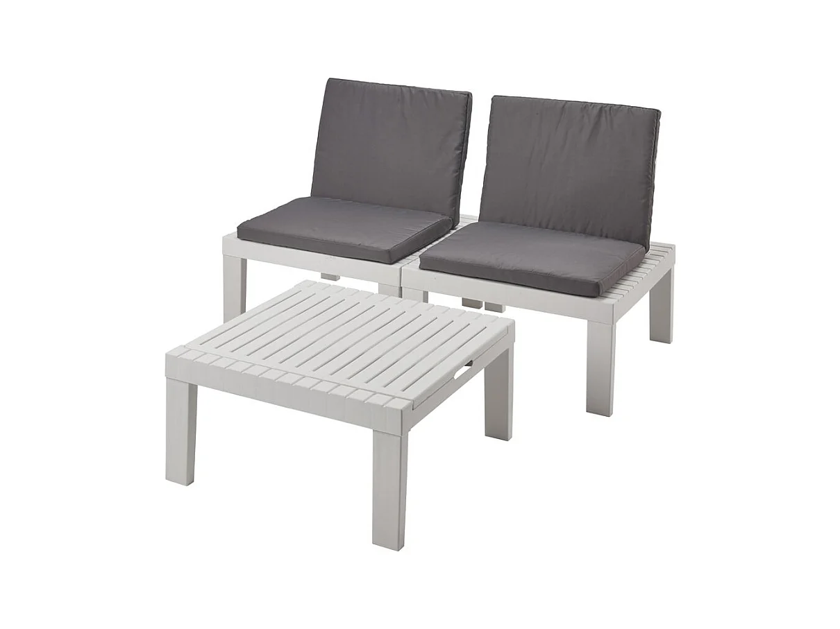Ensemble de salon d'extérieur Dbaggi, Composition de jardin avec 2 sièges avec dossier et 1 module multifonction, Lounge avec coussins, 100% Made in Italy, Blanc