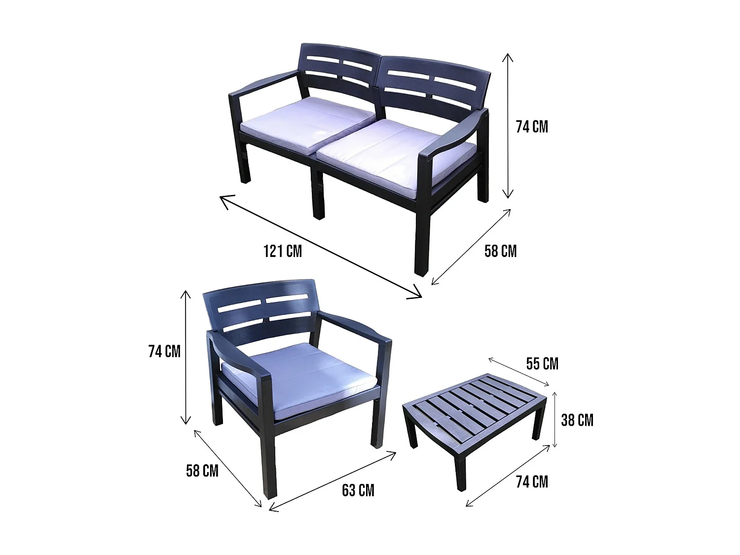 Salón de Jardín Dgyas, Conjunto de jardín con 2 sillones, 1 sofá y 1 mesa de centro, Zona de estar interior y exterior con cojines, 100% Made in Italy, Antracita