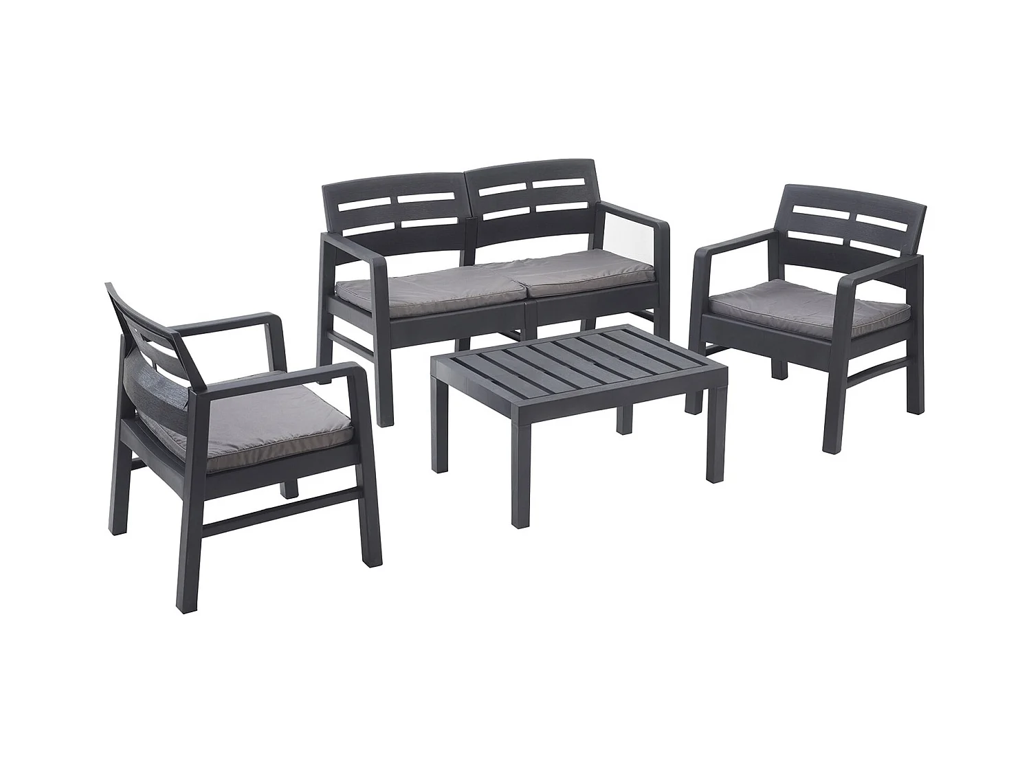 Dgyas outdoor loungeset, Tuinset met 2 fauteuils, 1 bank en 1 salontafel, Binnen- en buitenlounge met kussens, 100% Made in Italy, Antraciet