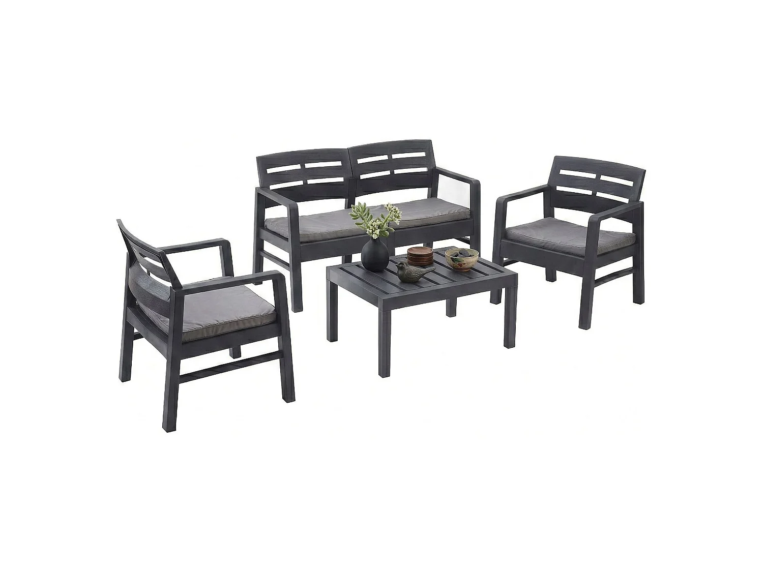 Outdoor-Lounge-Set Dgyas, Gartengarnitur mit 2 Sesseln, 1 Sofa und 1 Couchtisch, Innen- und AuÃŸensitzgruppe mit Kissen, 100 % Made in Italy, Anthrazit