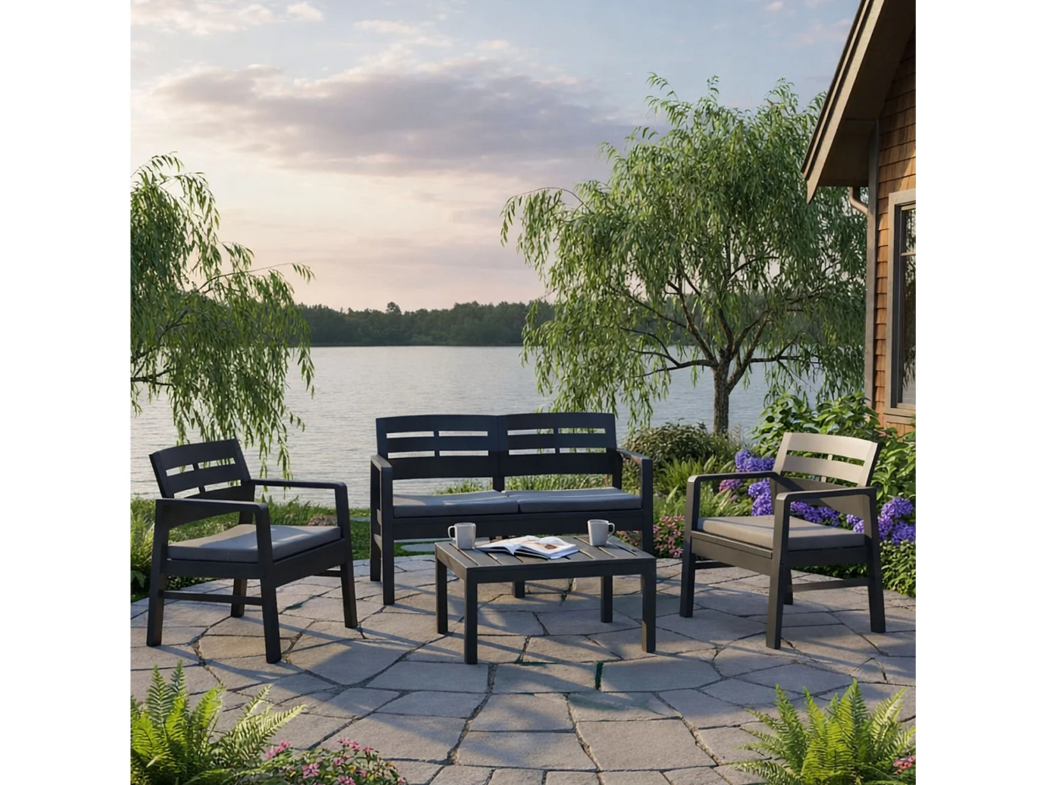 Outdoor-Lounge-Set Dgyas, Gartengarnitur mit 2 Sesseln, 1 Sofa und 1 Couchtisch, Innen- und AuÃŸensitzgruppe mit Kissen, 100 % Made in Italy, Anthrazit
