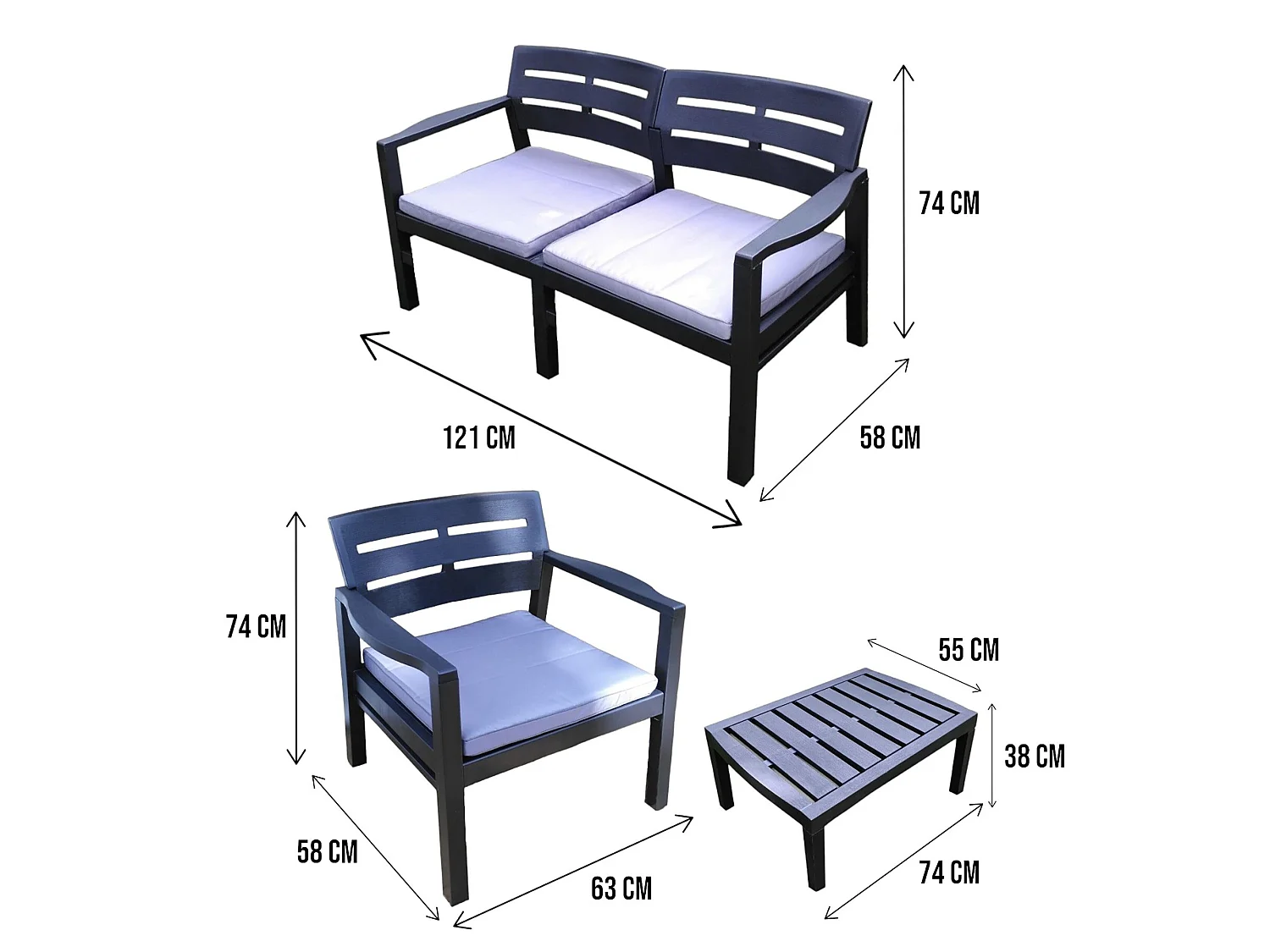 Outdoor-Lounge-Set Dgyas, Gartengarnitur mit 2 Sesseln, 1 Sofa und 1 Couchtisch, Innen- und AuÃŸensitzgruppe mit Kissen, 100 % Made in Italy, Anthrazit