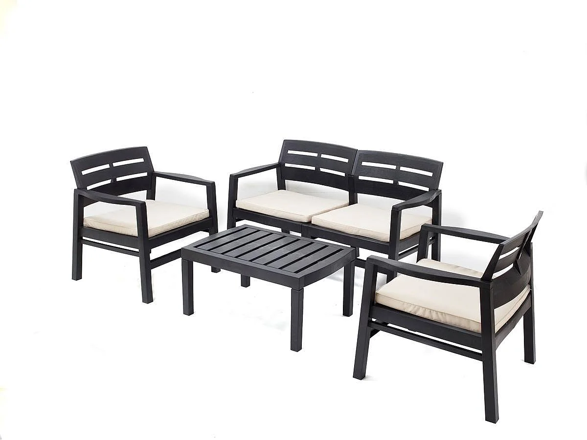 Outdoor-Lounge-Set Dgyas, Gartengarnitur mit 2 Sesseln, 1 Sofa und 1 Couchtisch, Innen- und AuÃŸensitzgruppe mit Kissen, 100 % Made in Italy, Anthrazit