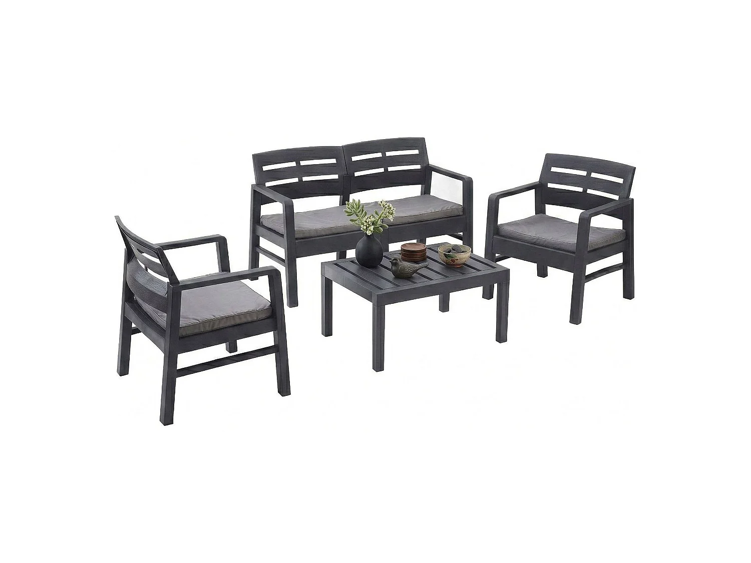 Outdoor-Lounge-Set Dgyas, Gartengarnitur mit 2 Sesseln, 1 Sofa und 1 Couchtisch, Innen- und AuÃŸensitzgruppe mit Kissen, 100 % Made in Italy, Anthrazit