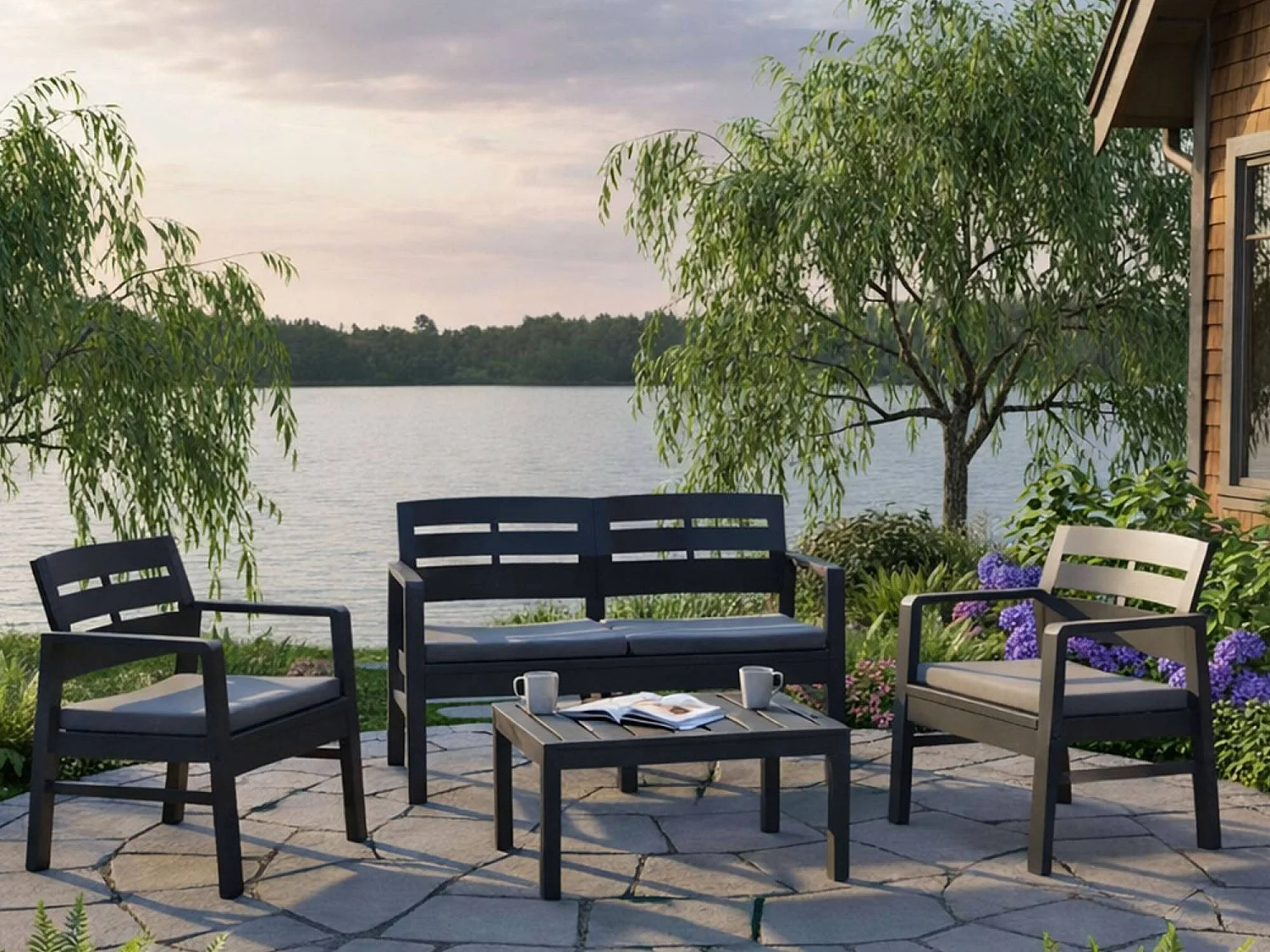 Outdoor-Lounge-Set Dgyas, Gartengarnitur mit 2 Sesseln, 1 Sofa und 1 Couchtisch, Innen- und AuÃŸensitzgruppe mit Kissen, 100 % Made in Italy, Anthrazit