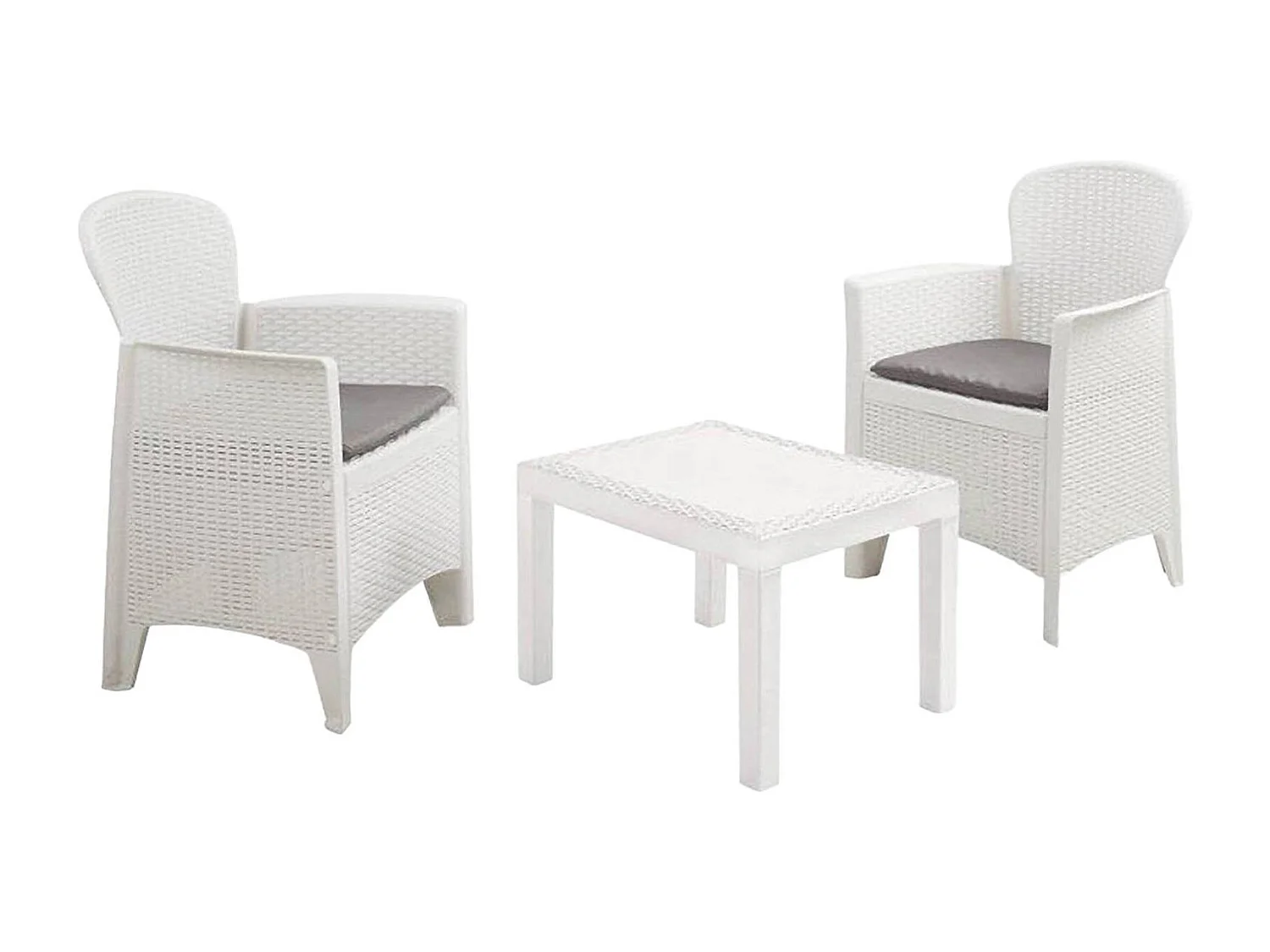 Ensemble de salon d'extérieur Dzucco, Composition de jardin avec 2 fauteuils et 1 table basse, Salon effet rotin avec coussins, 100% Made in Italy, Blanc