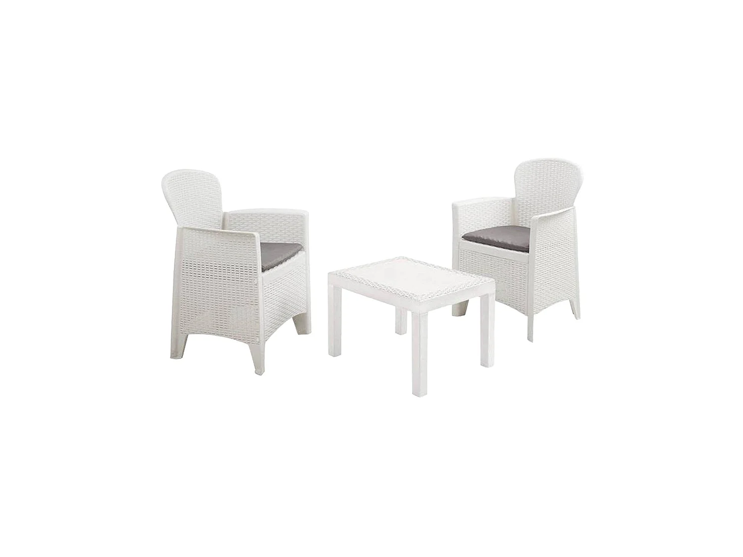 Ensemble de salon d'extérieur Dzucco, Composition de jardin avec 2 fauteuils et 1 table basse, Salon effet rotin avec coussins, 100% Made in Italy, Blanc