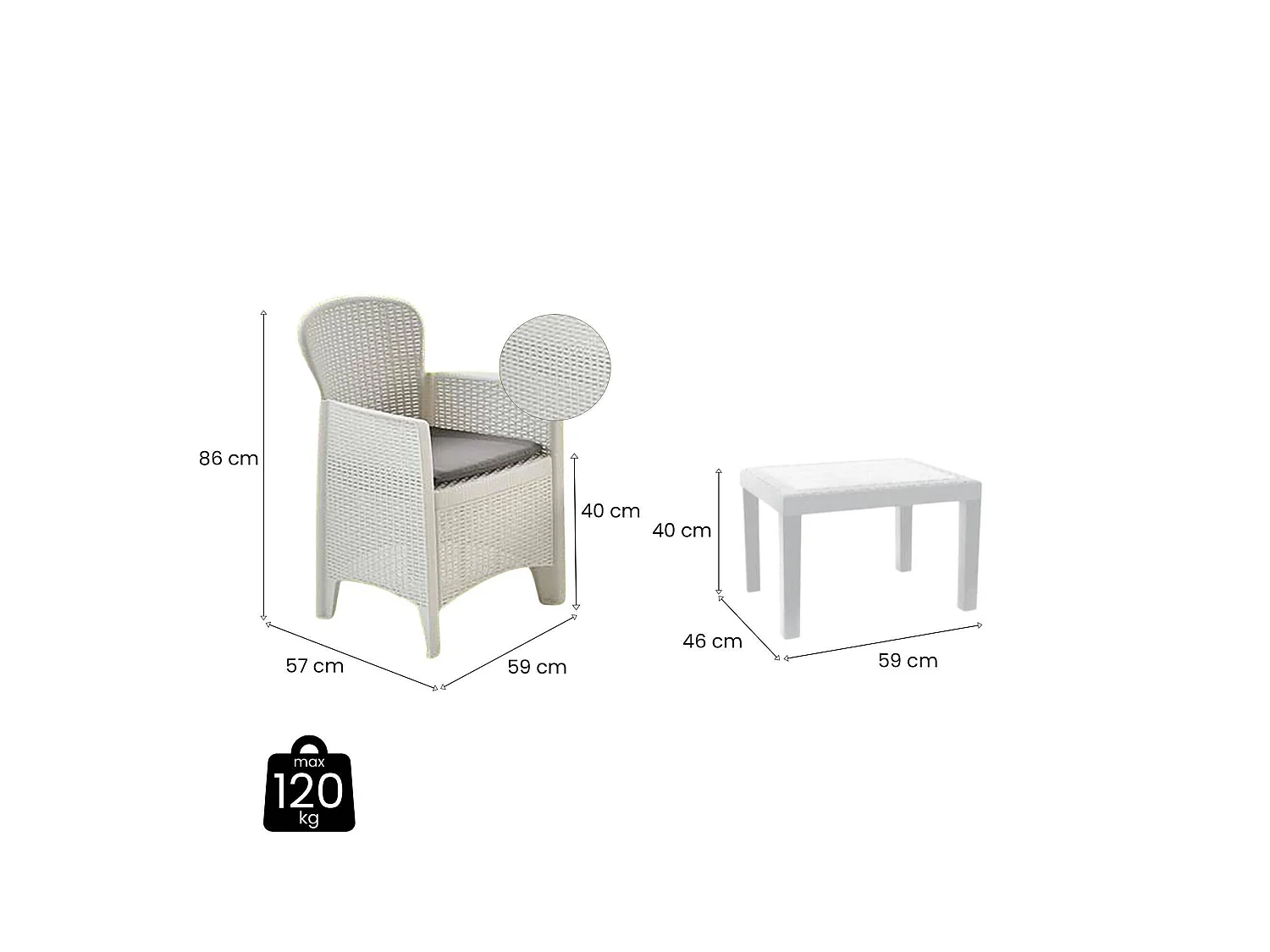 Ensemble de salon d'extérieur Dzucco, Composition de jardin avec 2 fauteuils et 1 table basse, Salon effet rotin avec coussins, 100% Made in Italy, Blanc