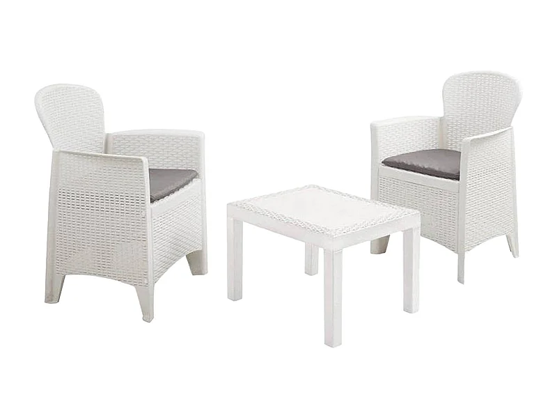 Dzucco outdoor loungeset, Tuinset met 2 fauteuils en 1 salontafel, Rotan effect lounge met kussens, 100% Made in Italy, Wit