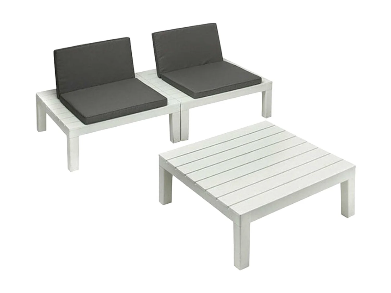 Ensemble de salon d'extérieur Dmur, Composition de jardin avec 4 sièges avec dossier et 1 module multifonction, Lounge avec coussins, 100% Made in Italy, Blanc