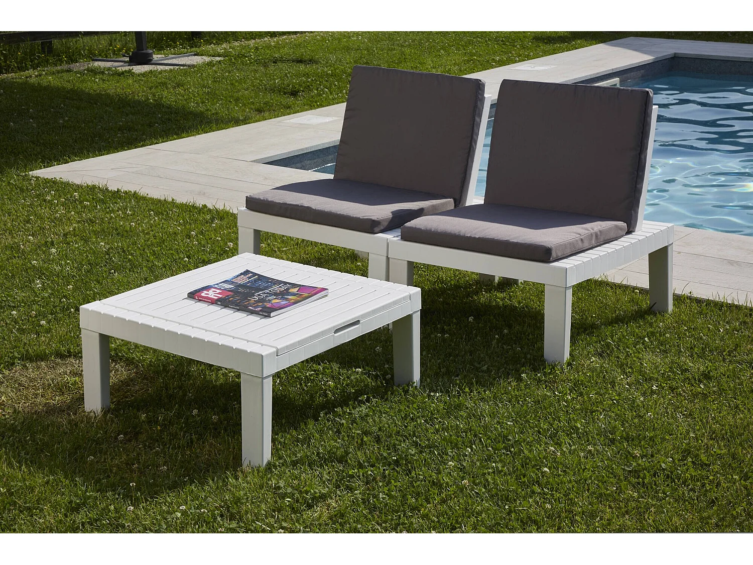 Conjunto lounge ao ar livre Cervia, Conjunto de jardim com 2 lugares com encosto e 1 módulo multifuncional, Lounge com almofadas, 100% Fabricado na Itália, Branco