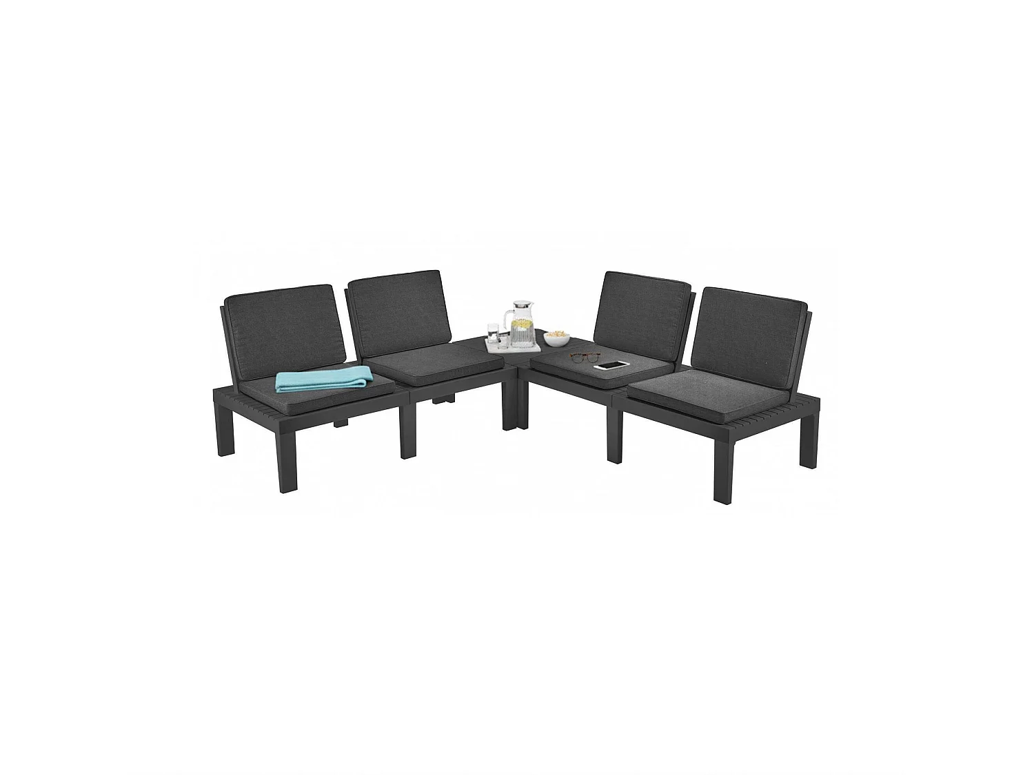 Ensemble de salon d'extérieur Dmur, Composition de jardin avec 4 sièges avec dossier et 1 module multifonction, Lounge avec coussins, 100% Made in Italy, Anthracite