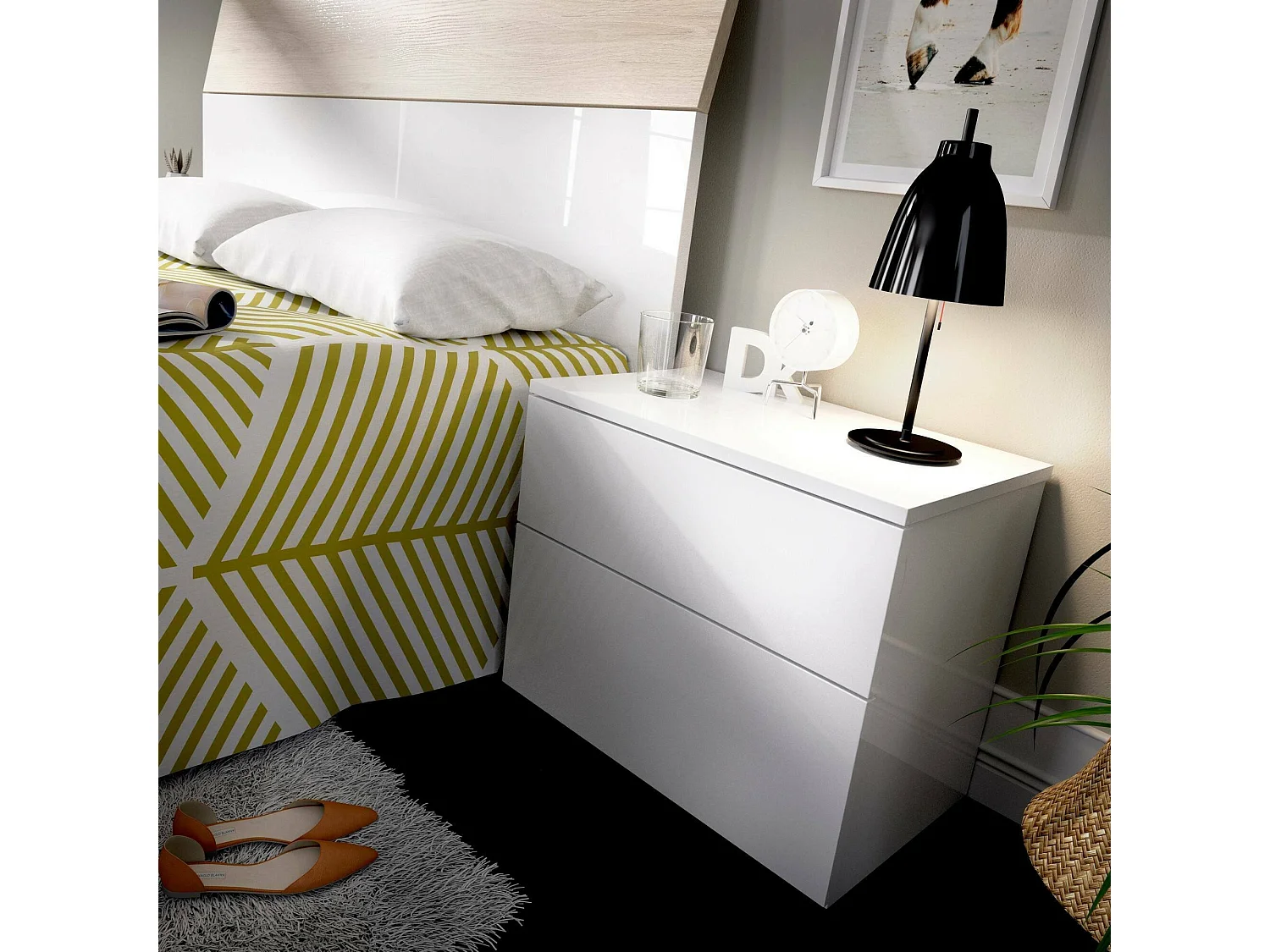 Mesita de noche Ragola, Mesita de noche, Cajonera baja con 2 cajones, 52x34h42 cm, Blanco