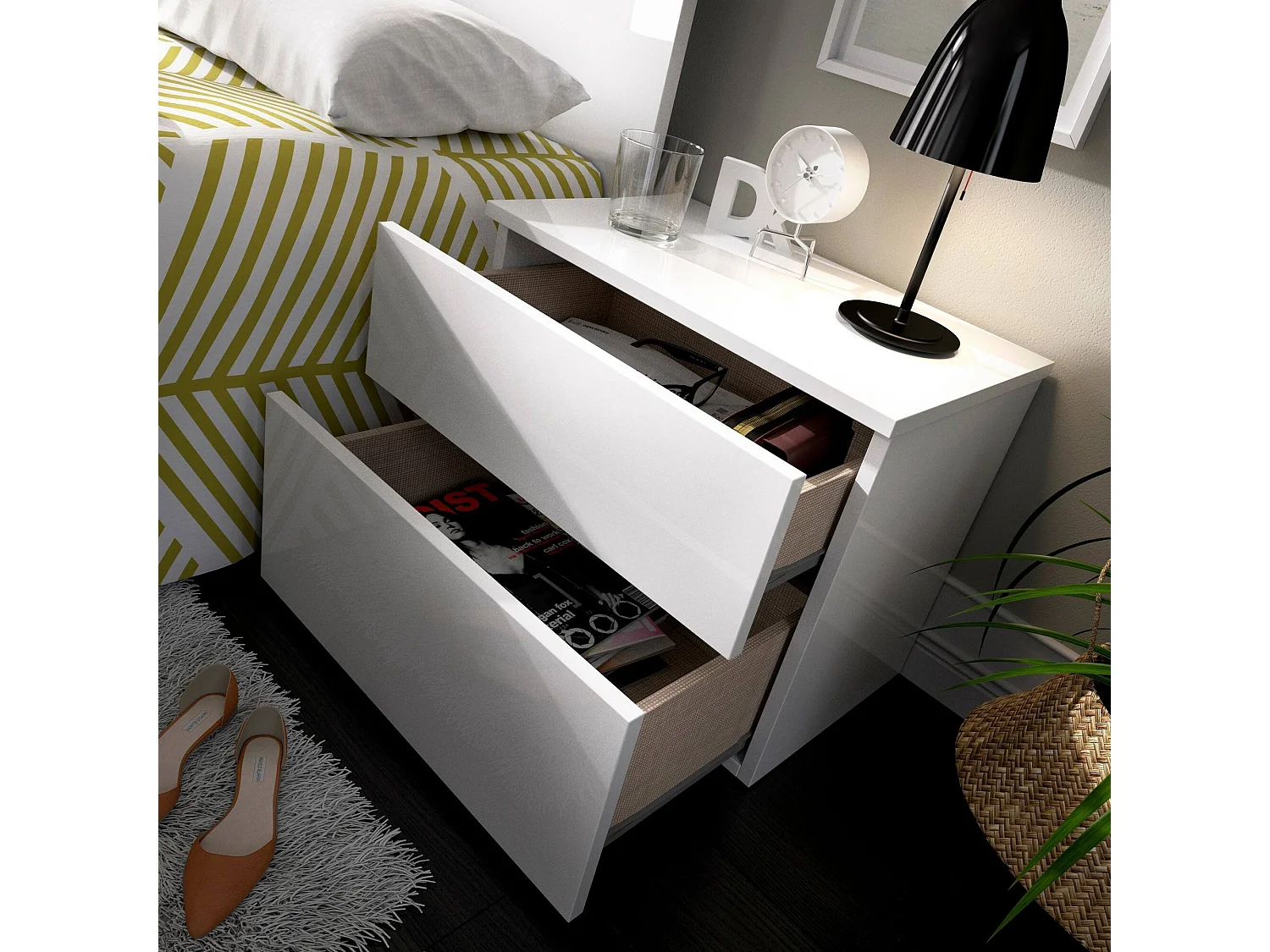 Mesita de noche Ragola, Mesita de noche, Cajonera baja con 2 cajones, 52x34h42 cm, Blanco