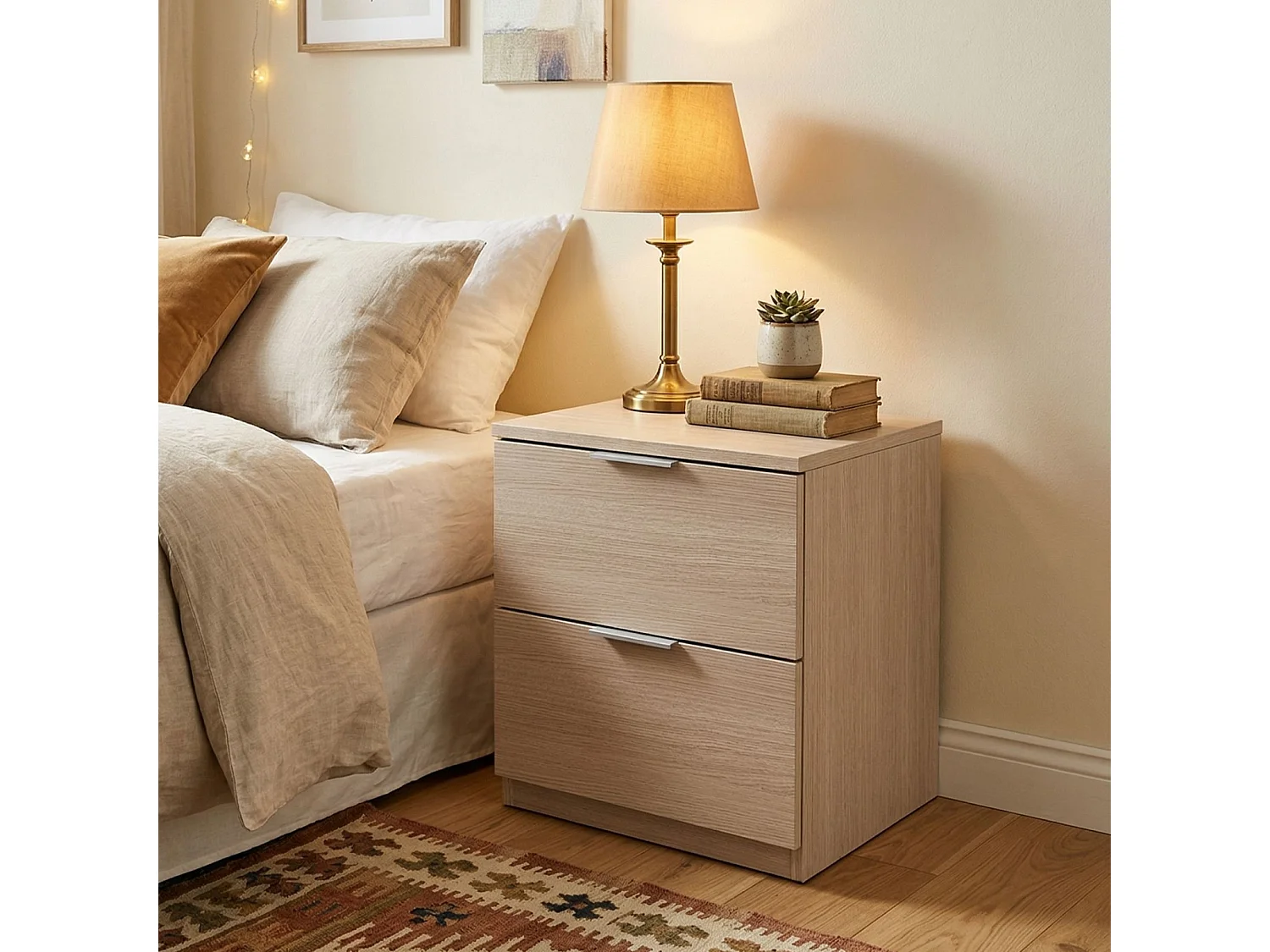 Table de chevet Dmila, Table de chevet moderne avec 2 tiroirs, Table de nuit, Commode basse pour chambre, 38x34h45 cm, Chêne
