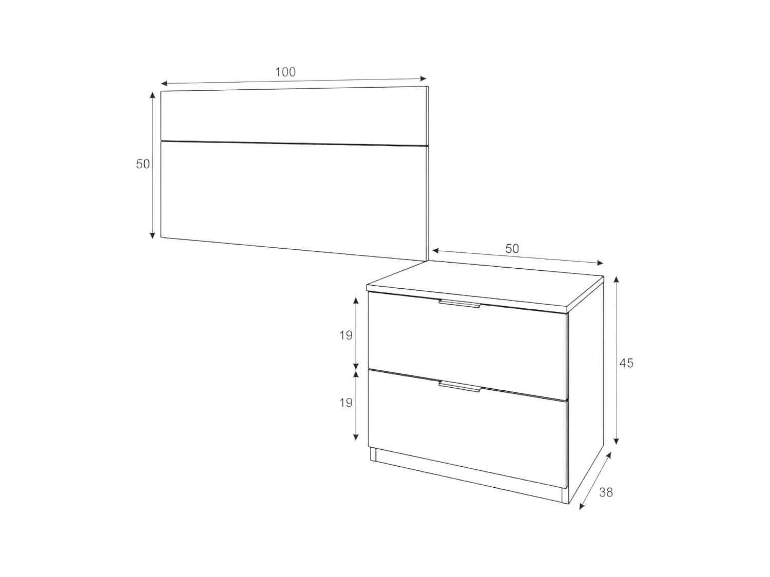 Nachttisch Dfarron, Nachttisch mit zWeißchubladen und Kopfteil für 90 Einzelbetten, 150x50x38, 50x38h75 cm, Eiche und Weiß
