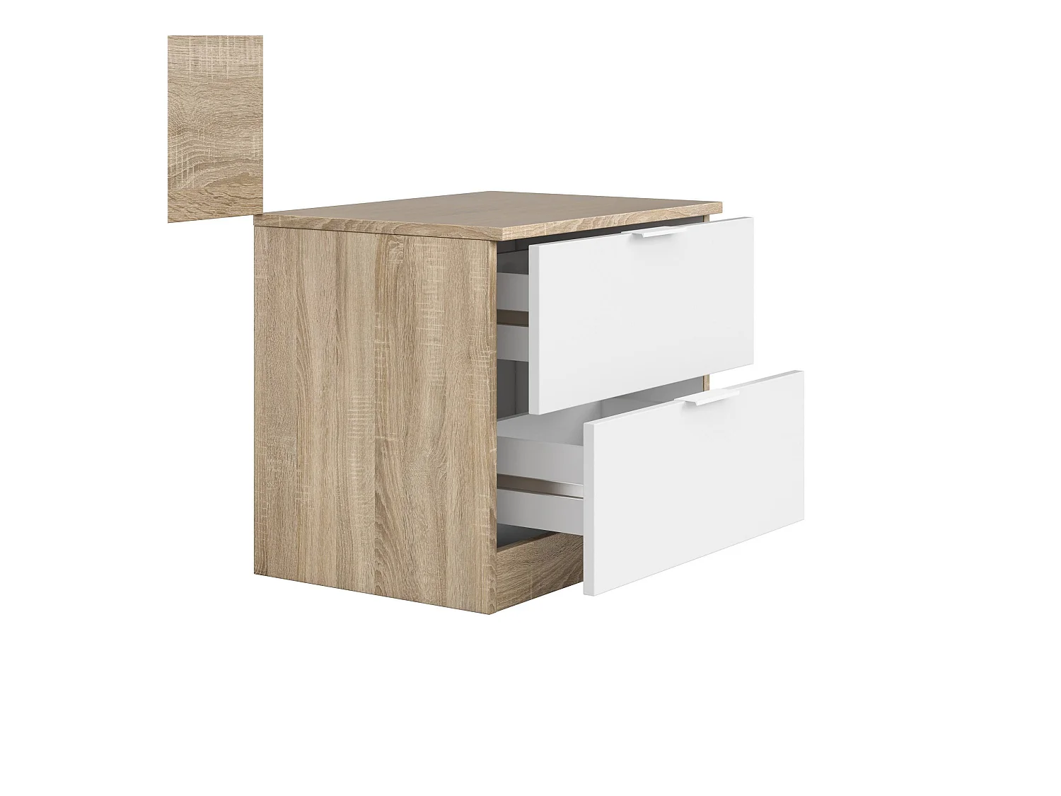 Nachttisch Dfarron, Nachttisch mit zWeißchubladen und Kopfteil für 90 Einzelbetten, 150x50x38, 50x38h75 cm, Eiche und Weiß