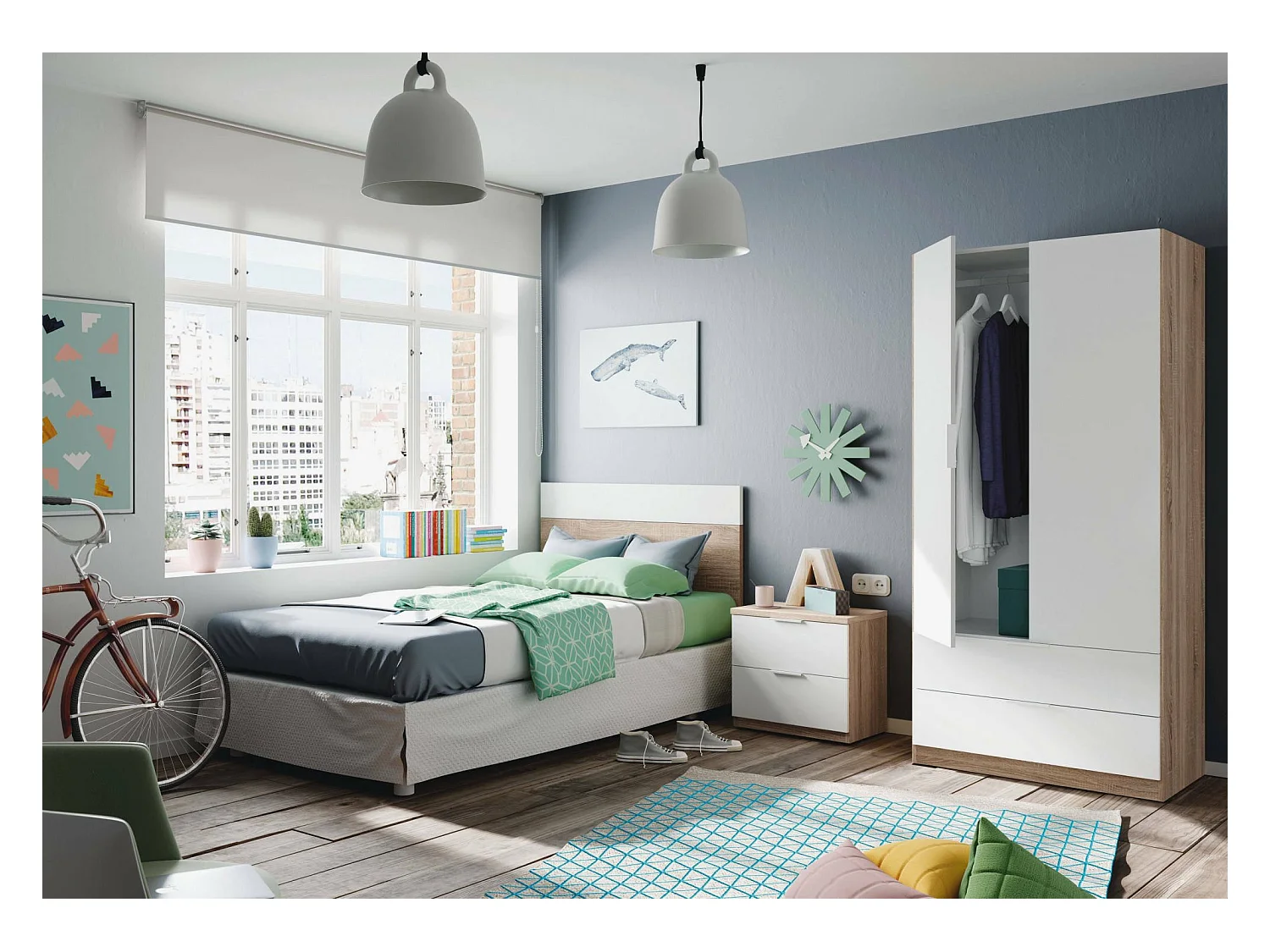 Nachttisch Dfarron, Nachttisch mit zWeißchubladen und Kopfteil für 90 Einzelbetten, 150x50x38, 50x38h75 cm, Eiche und Weiß