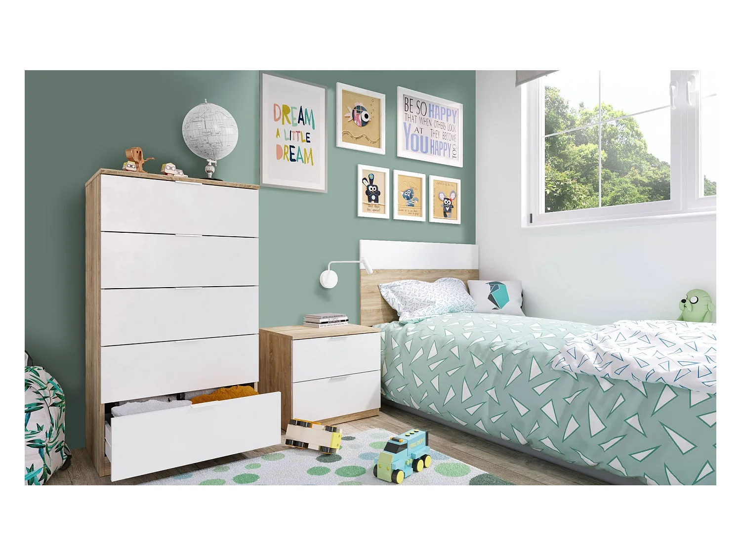 Nachttisch Dfarron, Nachttisch mit zWeißchubladen und Kopfteil für 90 Einzelbetten, 150x50x38, 50x38h75 cm, Eiche und Weiß