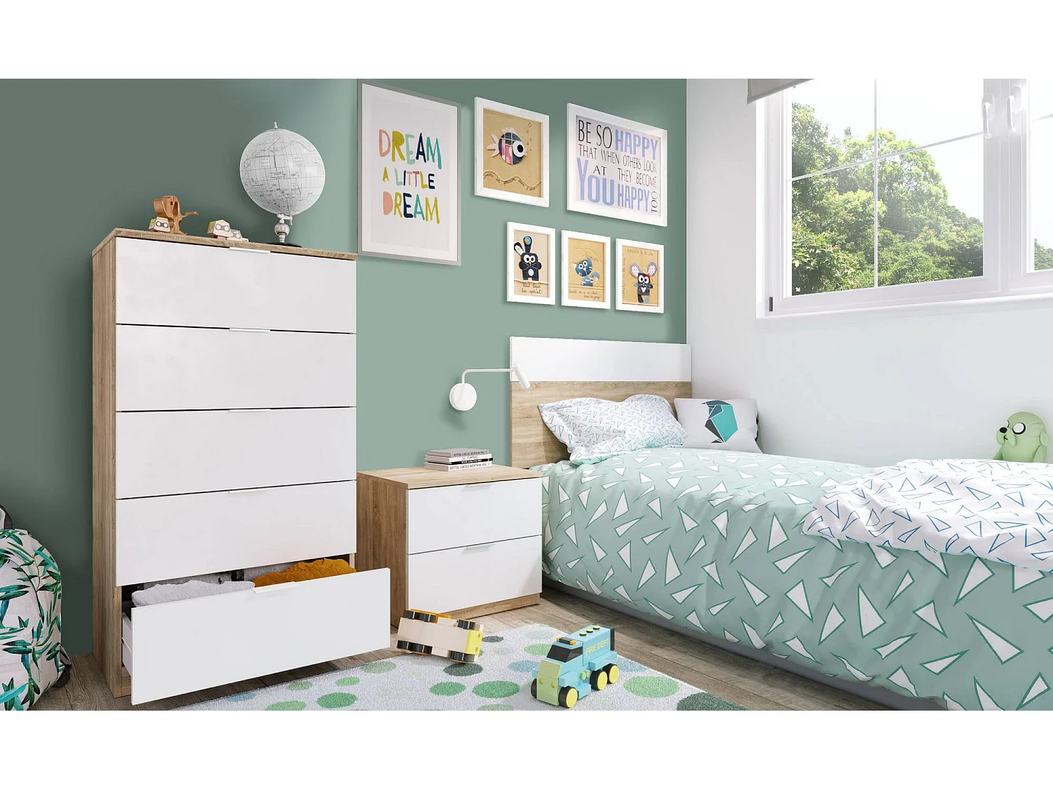 Mesilla de noche Dfarron, Mesita de noche de dos cajones con cabecero para cama individual de 90, 150x50x38, 50x38h75 cm, Roble y Blanco