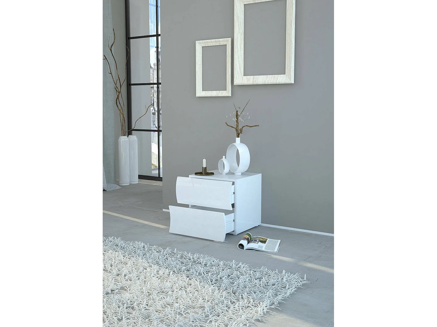 Table de chevet Dchies, Table de nuit avec 2 tiroirs, Armoire de chambre, 100% Made in Italy, 50x40h41 cm, Blanc brillant