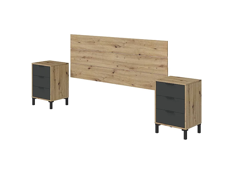 Table de chevet, ensemble de chambre, tête de lit et 2 chevets avec 3 tiroirs Damoros, 160x2 cm, chêne effet nÅ"ud et anthracite