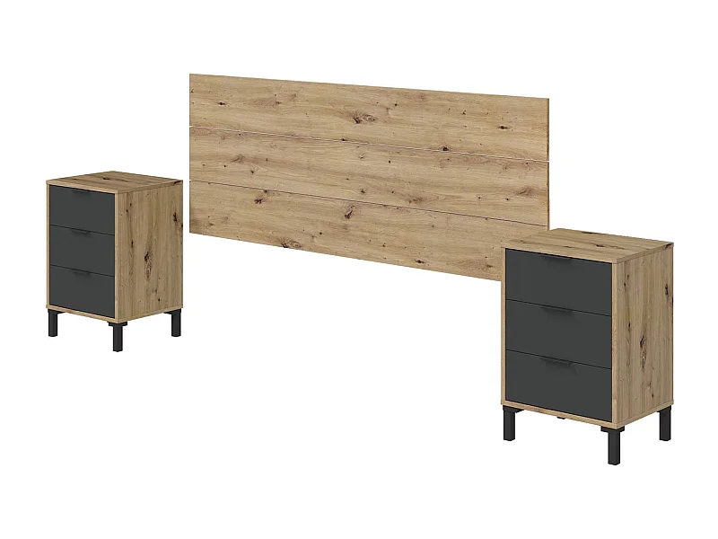 Mesilla de noche Damoros, Conjunto de dormitorio, Cabecero y 2 mesitas de noche con 3 cajones, 160x2 cm, Roble efecto nudo y antracita