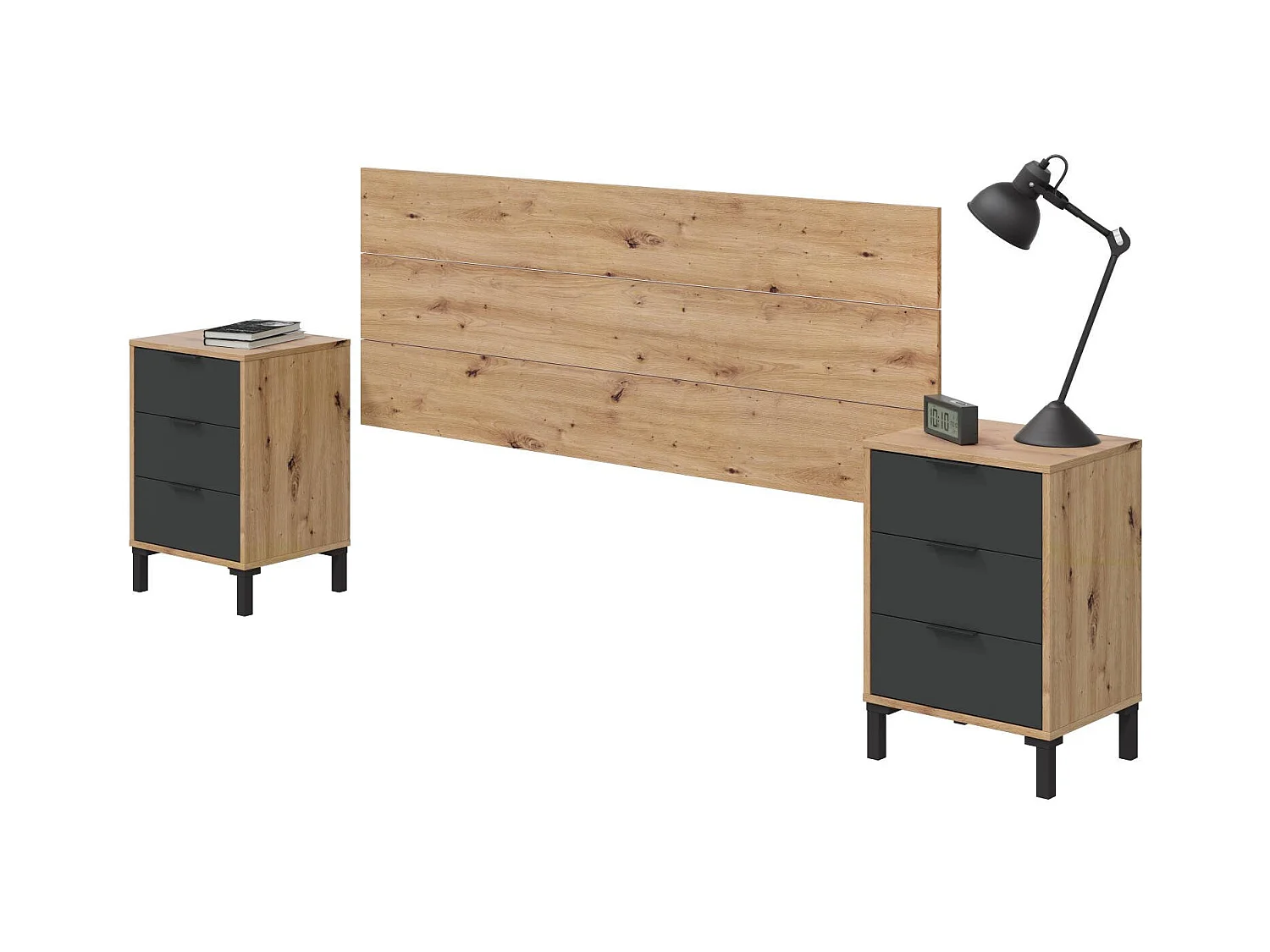 Table de chevet, ensemble de chambre, tête de lit et 2 chevets avec 3 tiroirs Damoros, 160x2 cm, chêne effet nÅ"ud et anthracite