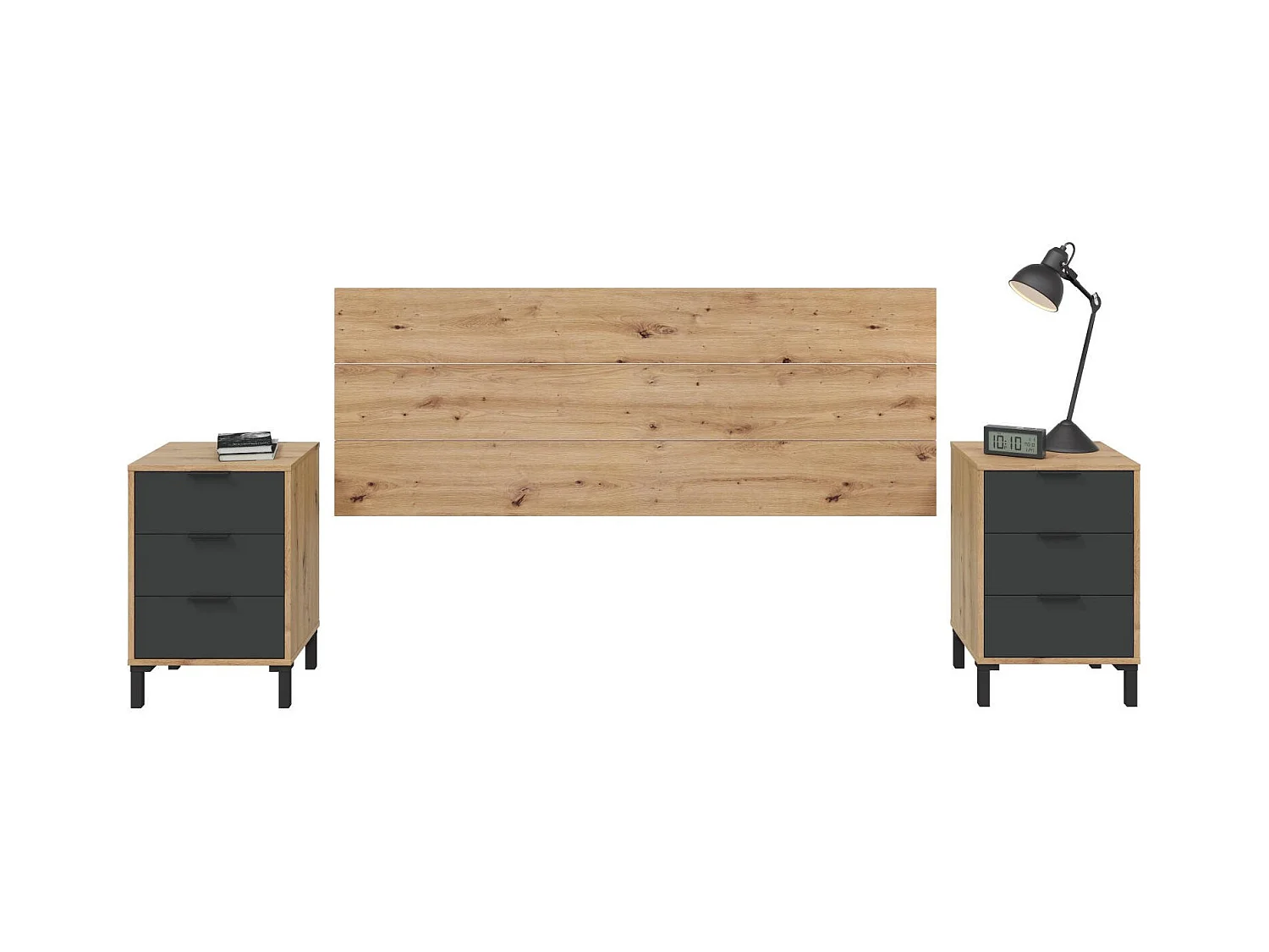 Mesilla de noche Damoros, Conjunto de dormitorio, Cabecero y 2 mesitas de noche con 3 cajones, 160x2 cm, Roble efecto nudo y antracita