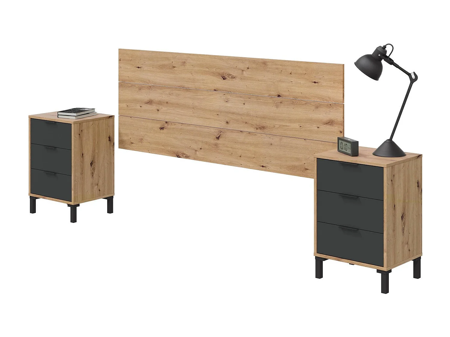 Damoros nachtkastje, slaapkamerset, hoofdeinde en 2 nachtkastjes met 3 lades, 160x2 cm, eiken en antraciet met knoopeffect