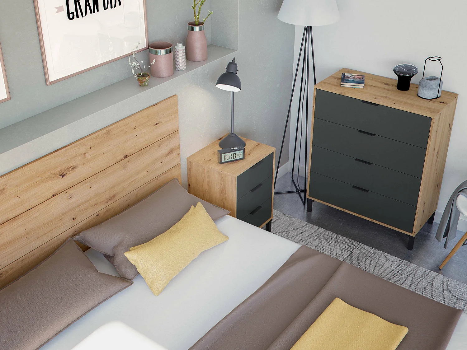 Nachttisch Damoros, Schlafzimmer-Set, Kopfteil und 2 Nachttische mit 3 Schubladen, 160x2 cm, Eiche in Astoptik und Anthrazit