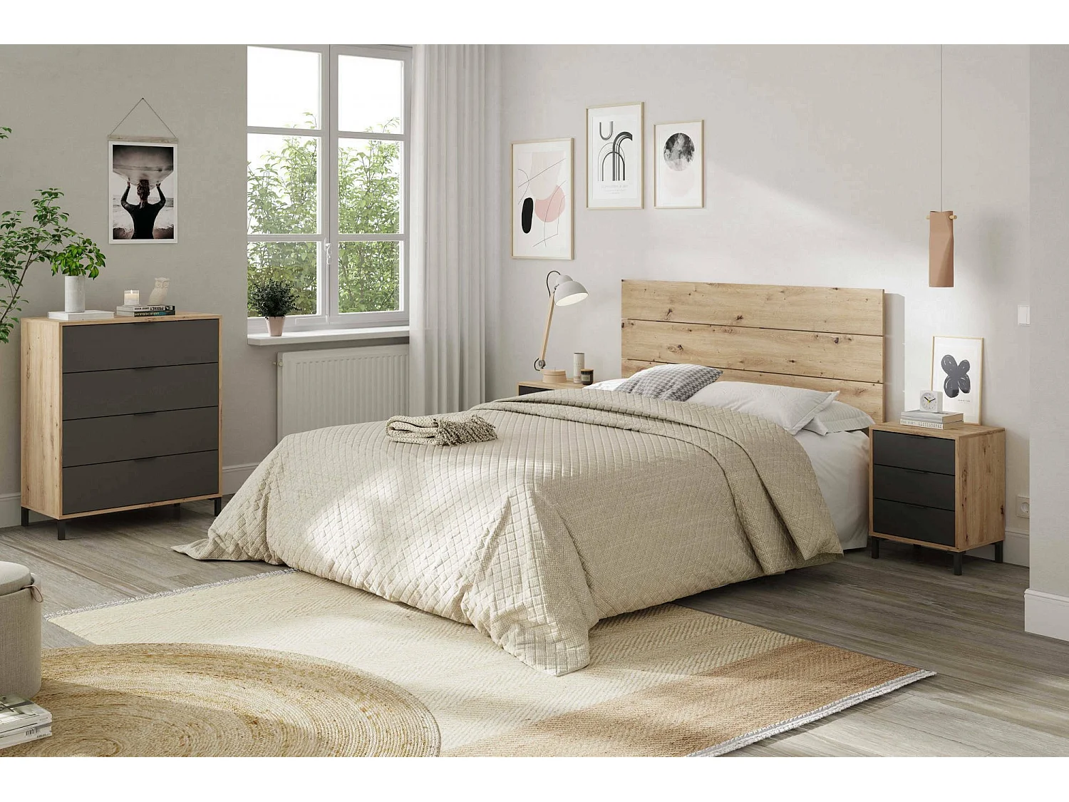 Mesilla de noche Damoros, Conjunto de dormitorio, Cabecero y 2 mesitas de noche con 3 cajones, 160x2 cm, Roble efecto nudo y antracita