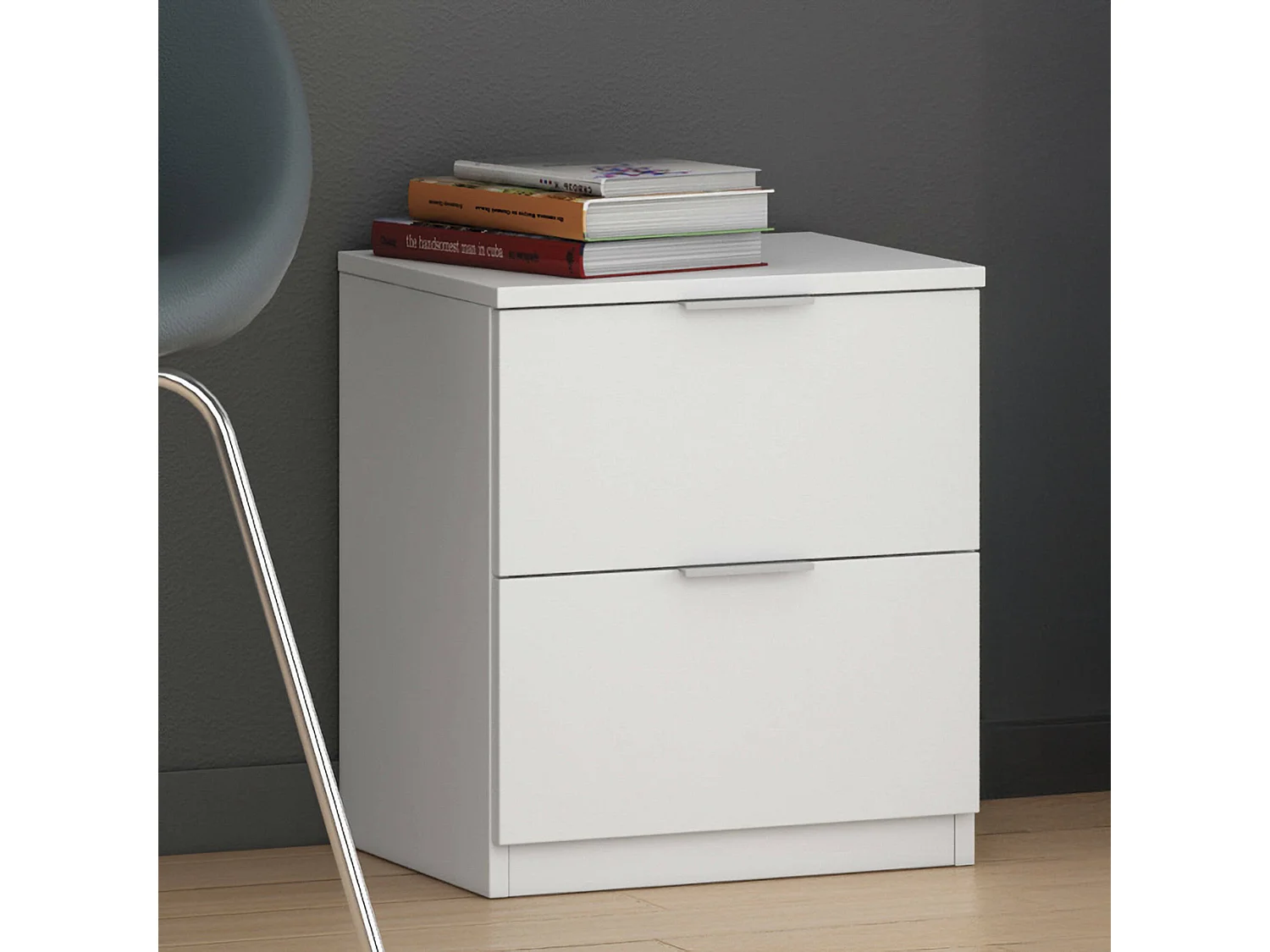 Table de chevet Dmila, Table de chevet moderne avec 2 tiroirs, Table de nuit, Commode basse pour chambre, 38x34h45 cm, Blanc